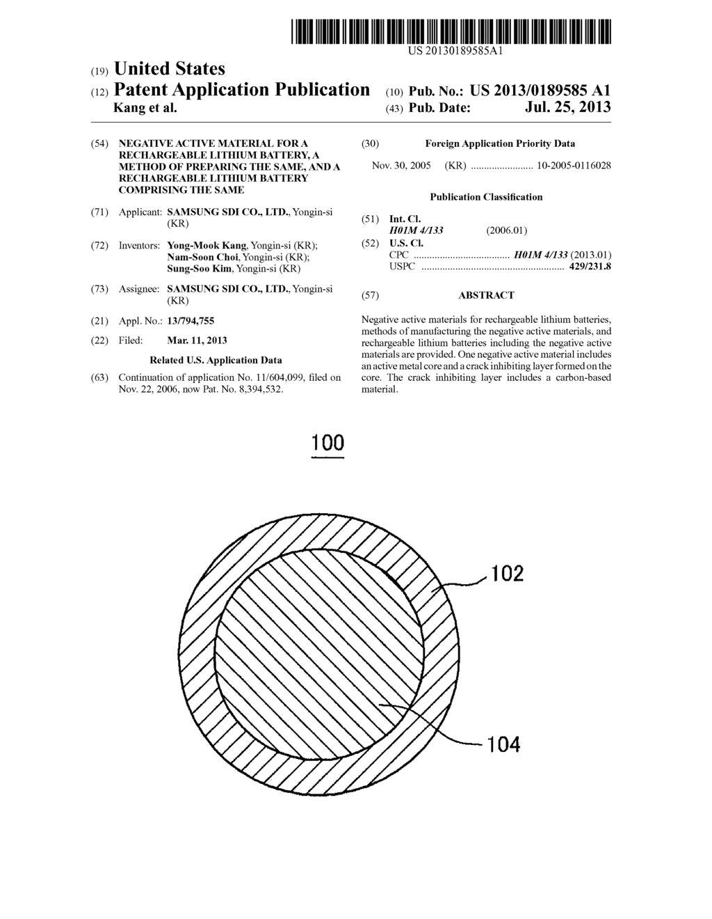 NEGATIVE ACTIVE MATERIAL FOR A RECHARGEABLE LITHIUM BATTERY, A METHOD OF     PREPARING THE SAME, AND A RECHARGEABLE LITHIUM BATTERY COMPRISING THE     SAME - diagram, schematic, and image 01