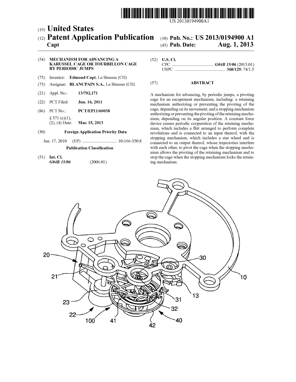 MECHANISM FOR ADVANCING A KARUSSEL CAGE OR TOURBILLON CAGE BY PERIODIC     JUMPS - diagram, schematic, and image 01