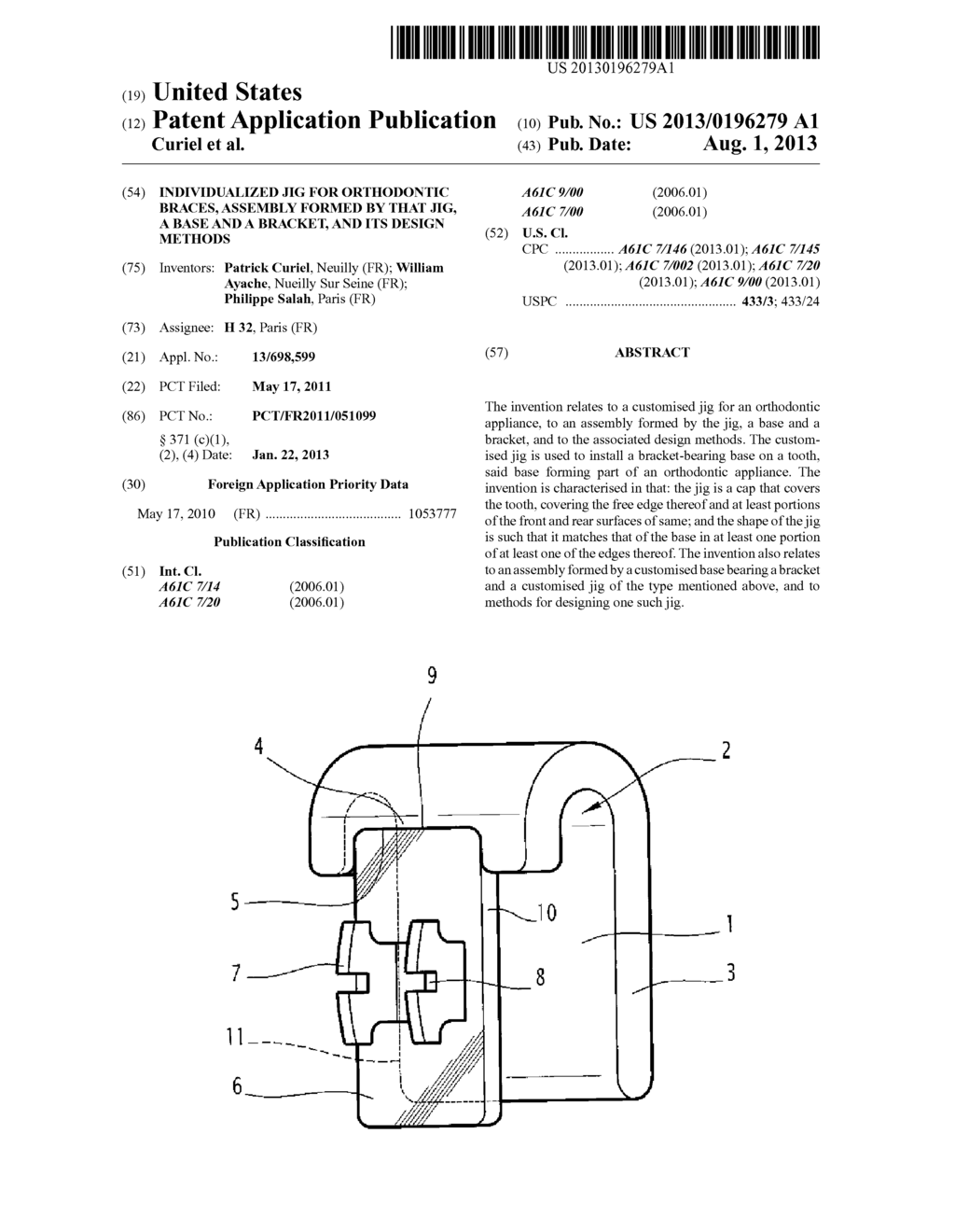 Individualized jig for orthodontic braces, assembly formed by that jig, a     base and a bracket, and its design methods - diagram, schematic, and image 01