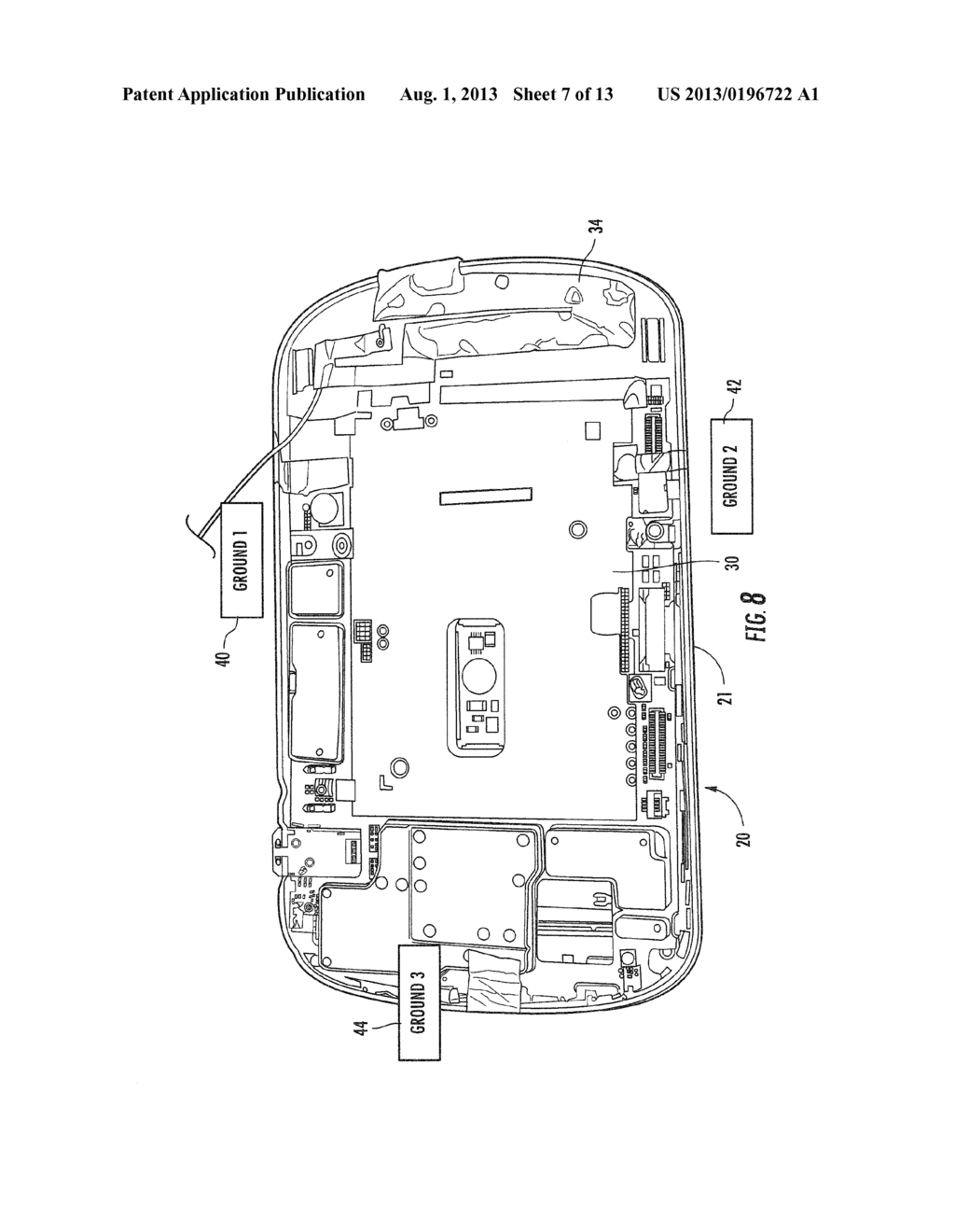 MOBILE WIRELESS COMMUNICATIONS DEVICE HAVING FREQUENCY SELECTIVE GROUNDING     AND RELATED METHOD - diagram, schematic, and image 08