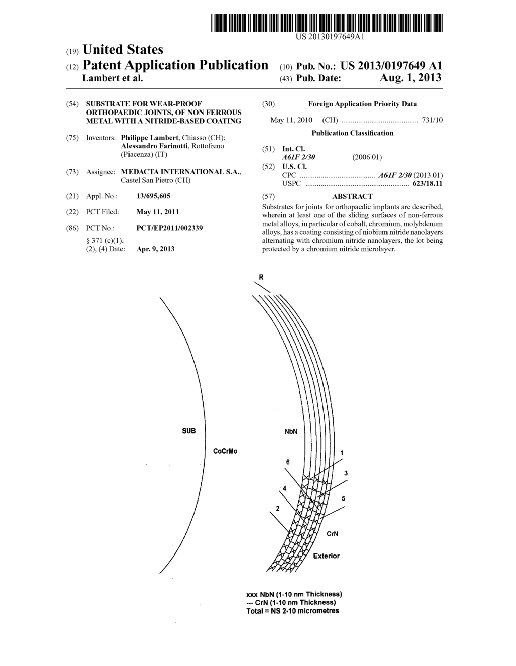 SUBSTRATE FOR WEAR-PROOF ORTHOPAEDIC JOINTS, OF NON FERROUS METAL WITH A     NITRIDE-BASED COATING - diagram, schematic, and image 01