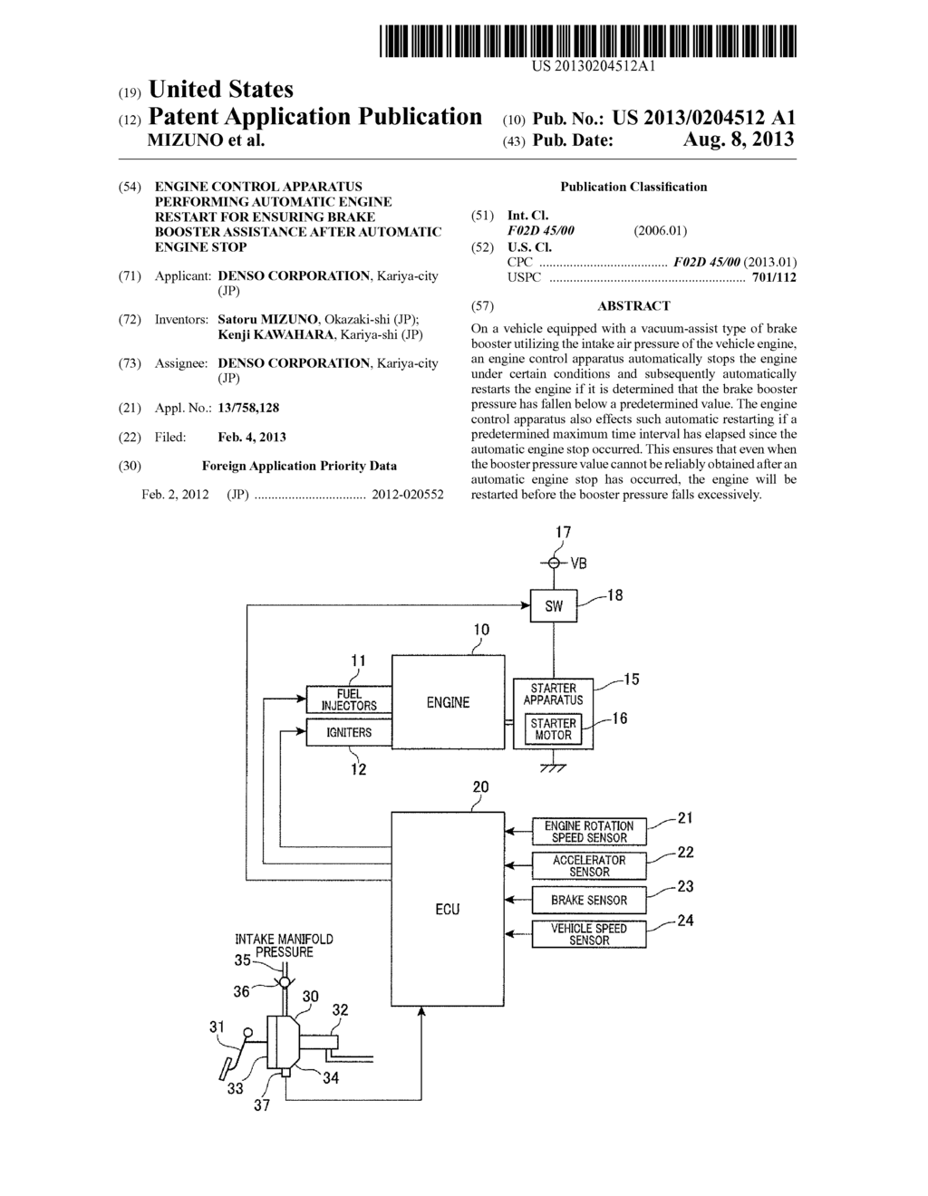 ENGINE CONTROL APPARATUS PERFORMING AUTOMATIC ENGINE RESTART FOR ENSURING     BRAKE BOOSTER ASSISTANCE AFTER AUTOMATIC ENGINE STOP - diagram, schematic, and image 01