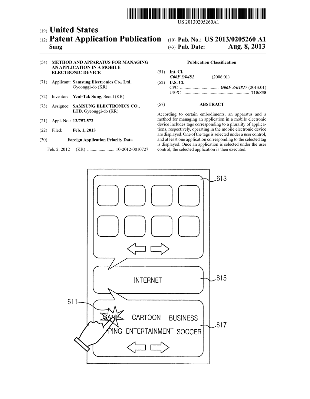 METHOD AND APPARATUS FOR MANAGING AN APPLICATION IN A MOBILE ELECTRONIC     DEVICE - diagram, schematic, and image 01