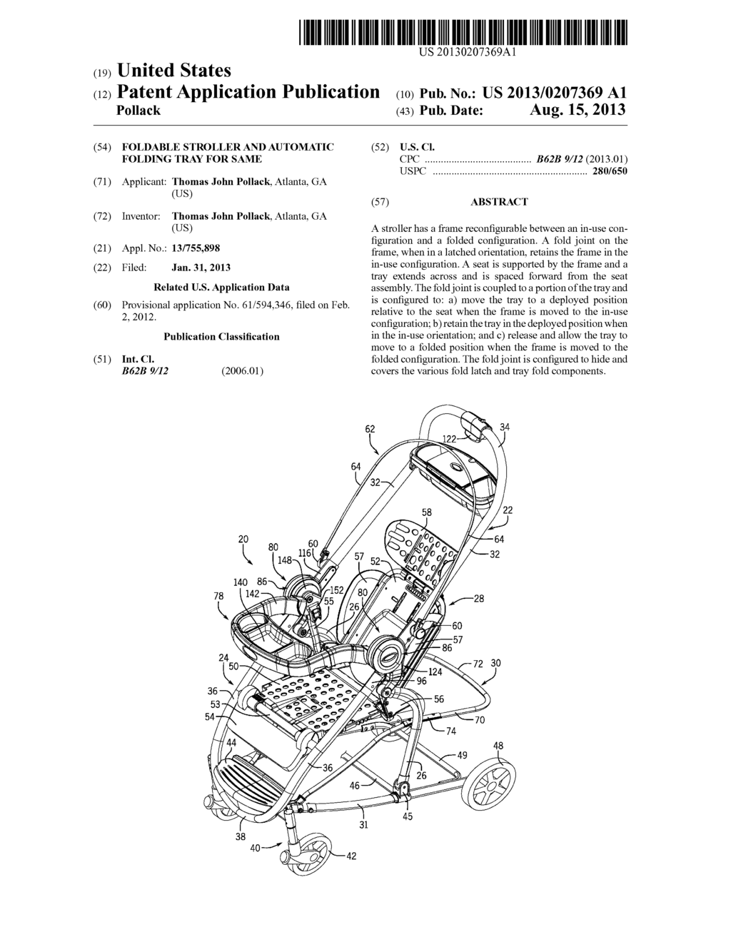 Foldable Stroller and Automatic Folding Tray for Same - diagram, schematic, and image 01