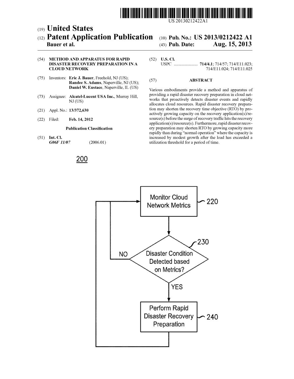 Method And Apparatus For Rapid Disaster Recovery Preparation In A Cloud     Network - diagram, schematic, and image 01