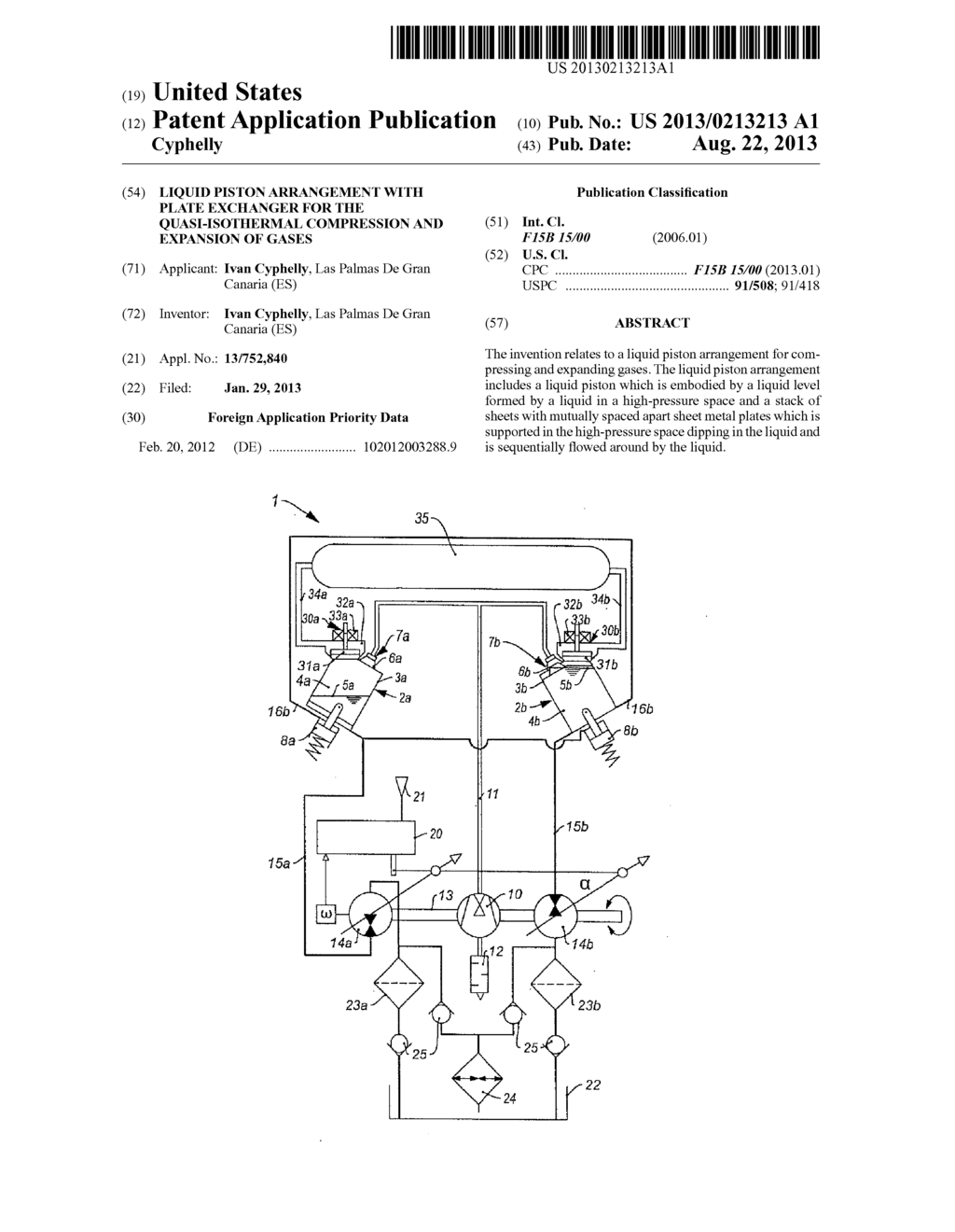 LIQUID PISTON ARRANGEMENT WITH PLATE EXCHANGER FOR THE QUASI-ISOTHERMAL     COMPRESSION AND EXPANSION OF GASES - diagram, schematic, and image 01