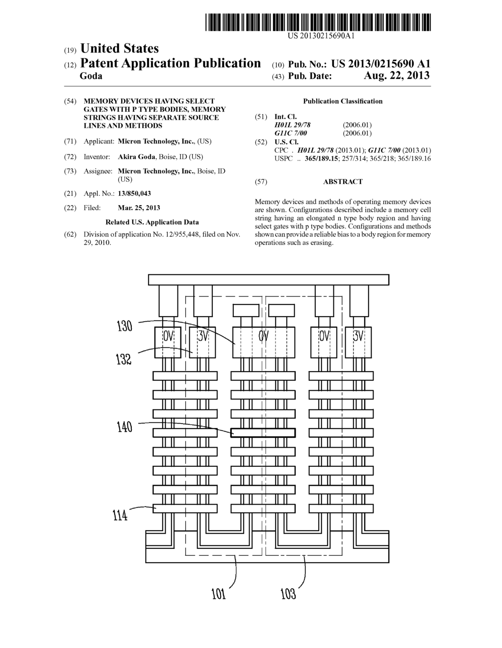 MEMORY DEVICES HAVING SELECT GATES WITH P TYPE BODIES, MEMORY STRINGS     HAVING SEPARATE SOURCE LINES AND METHODS - diagram, schematic, and image 01