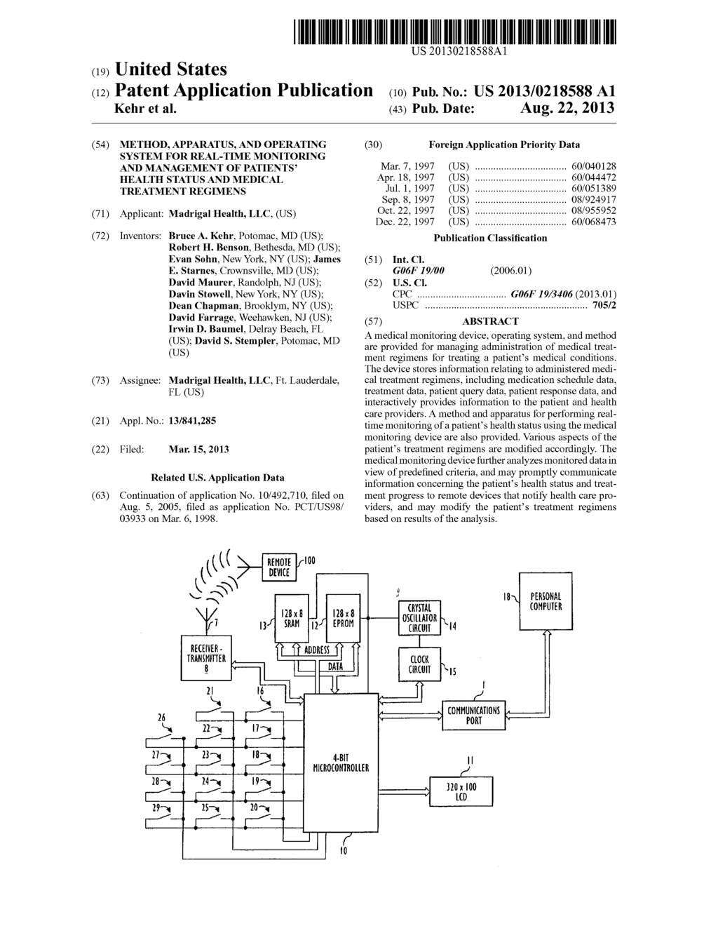 METHOD, APPARATUS, AND OPERATING SYSTEM FOR REAL-TIME MONITORING AND     MANAGEMENT OF PATIENTS' HEALTH STATUS AND MEDICAL TREATMENT REGIMENS - diagram, schematic, and image 01