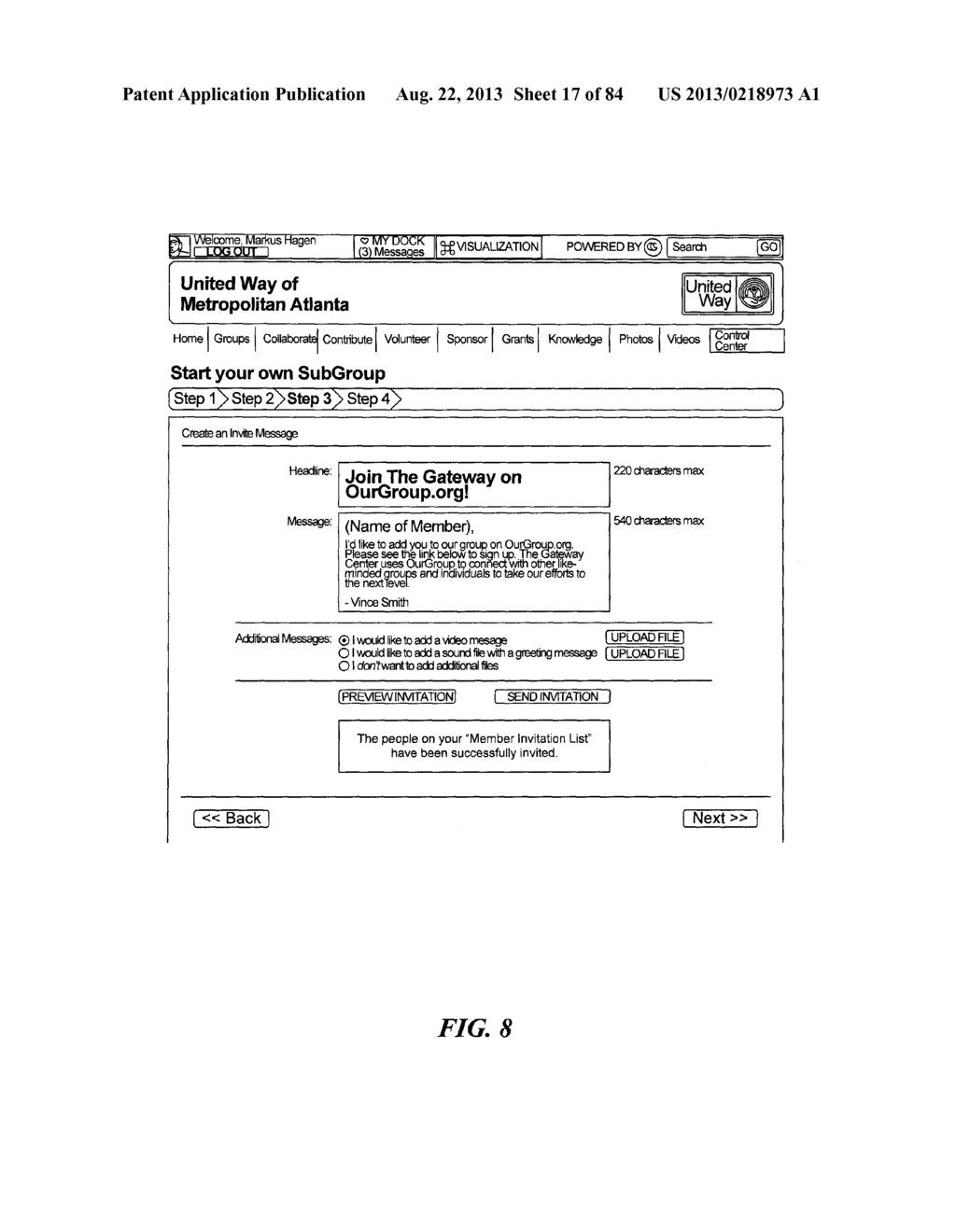 SYSTEM AND METHOD FOR PROVIDING SOFTWARE TOOLS WITHIN AN ONLINE PLATFORM     FOR ORGANIZING GROUPS AND COMMUNICATING WITH MEMBER CLIENTS OF GROUP - diagram, schematic, and image 18