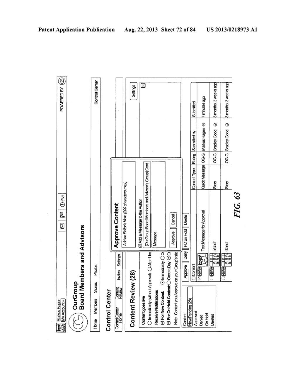 SYSTEM AND METHOD FOR PROVIDING SOFTWARE TOOLS WITHIN AN ONLINE PLATFORM     FOR ORGANIZING GROUPS AND COMMUNICATING WITH MEMBER CLIENTS OF GROUP - diagram, schematic, and image 73