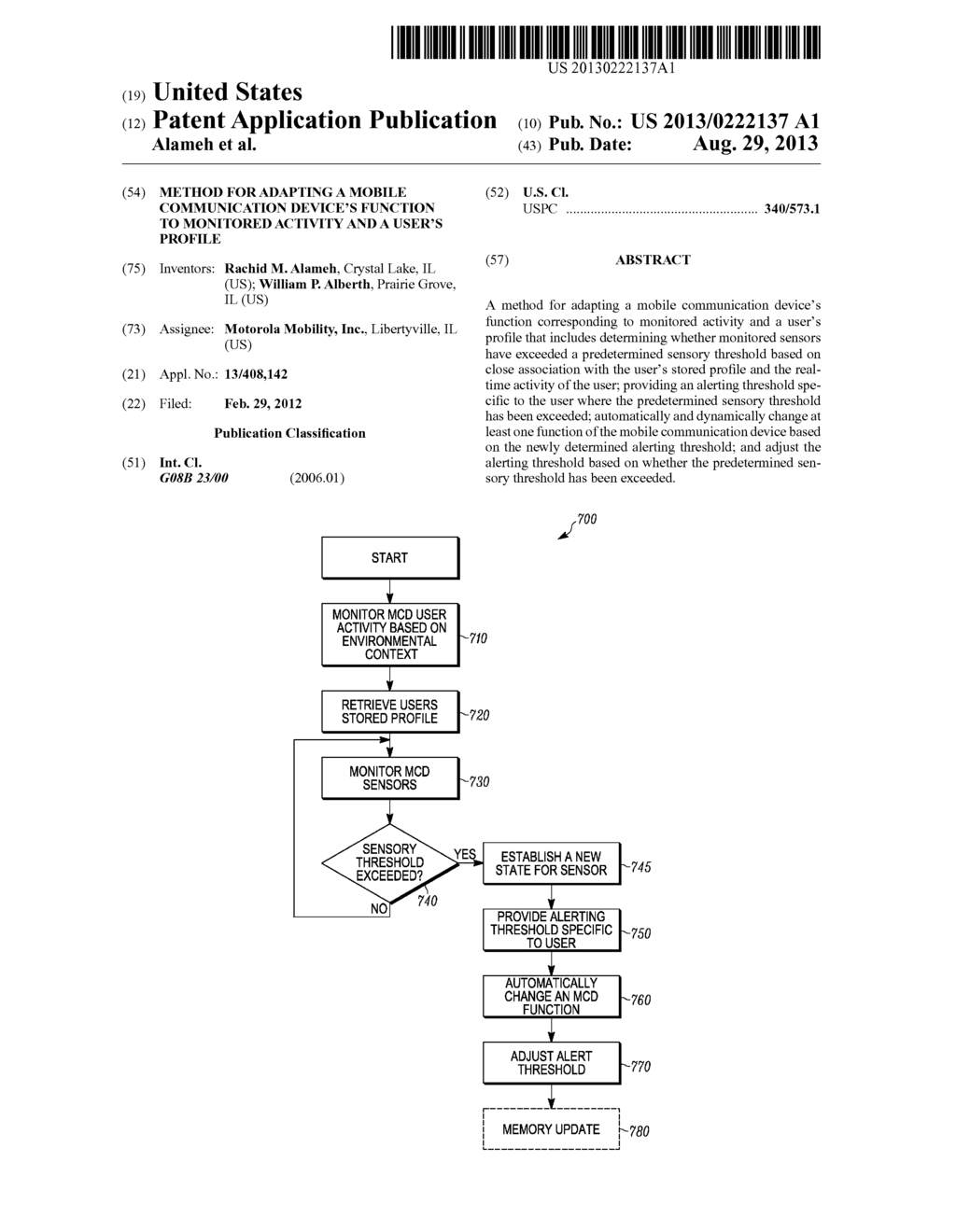 METHOD FOR ADAPTING A MOBILE COMMUNICATION DEVICE'S FUNCTION TO MONITORED     ACTIVITY AND A USER'S PROFILE - diagram, schematic, and image 01