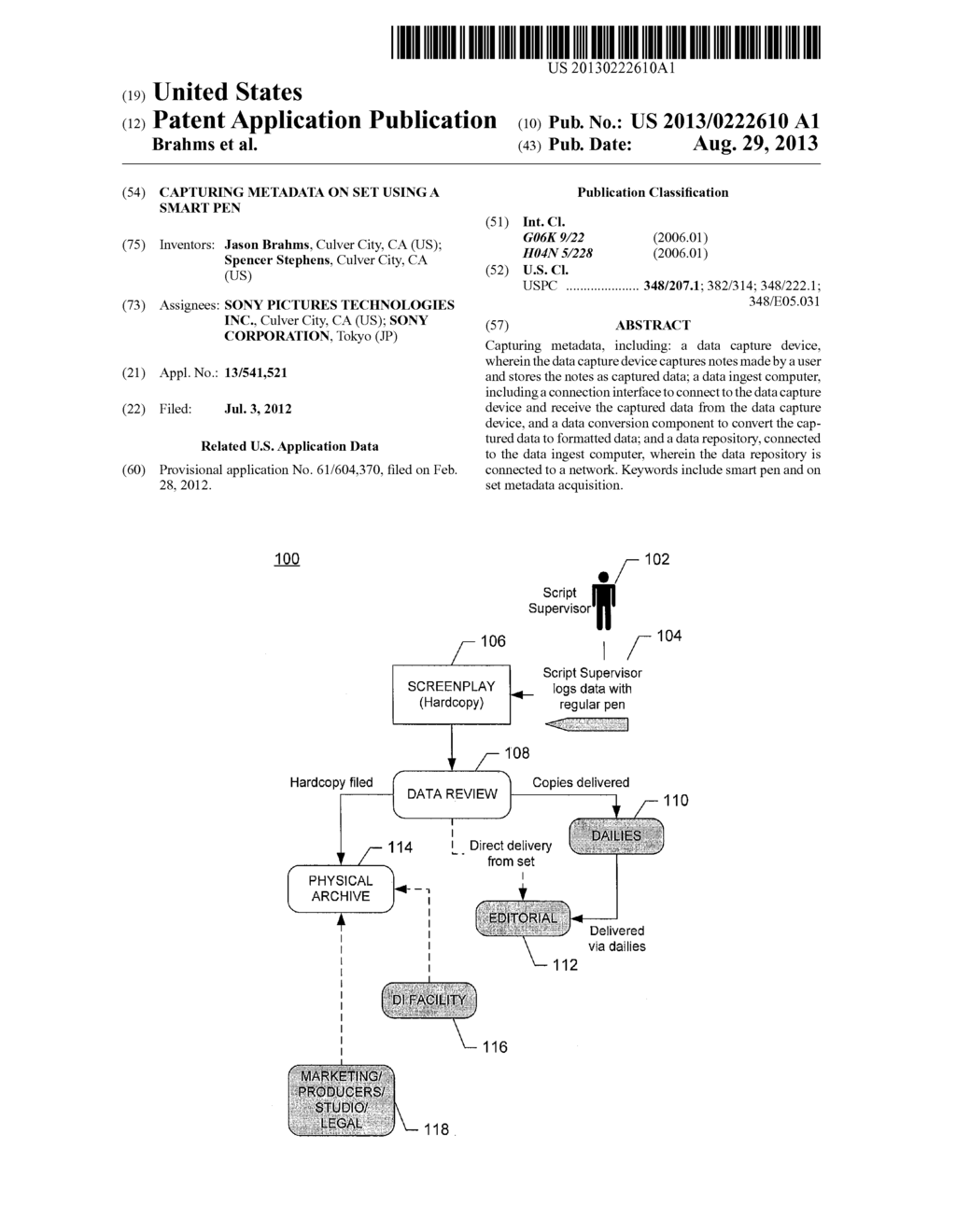 CAPTURING METADATA ON SET USING A SMART PEN - diagram, schematic, and image 01