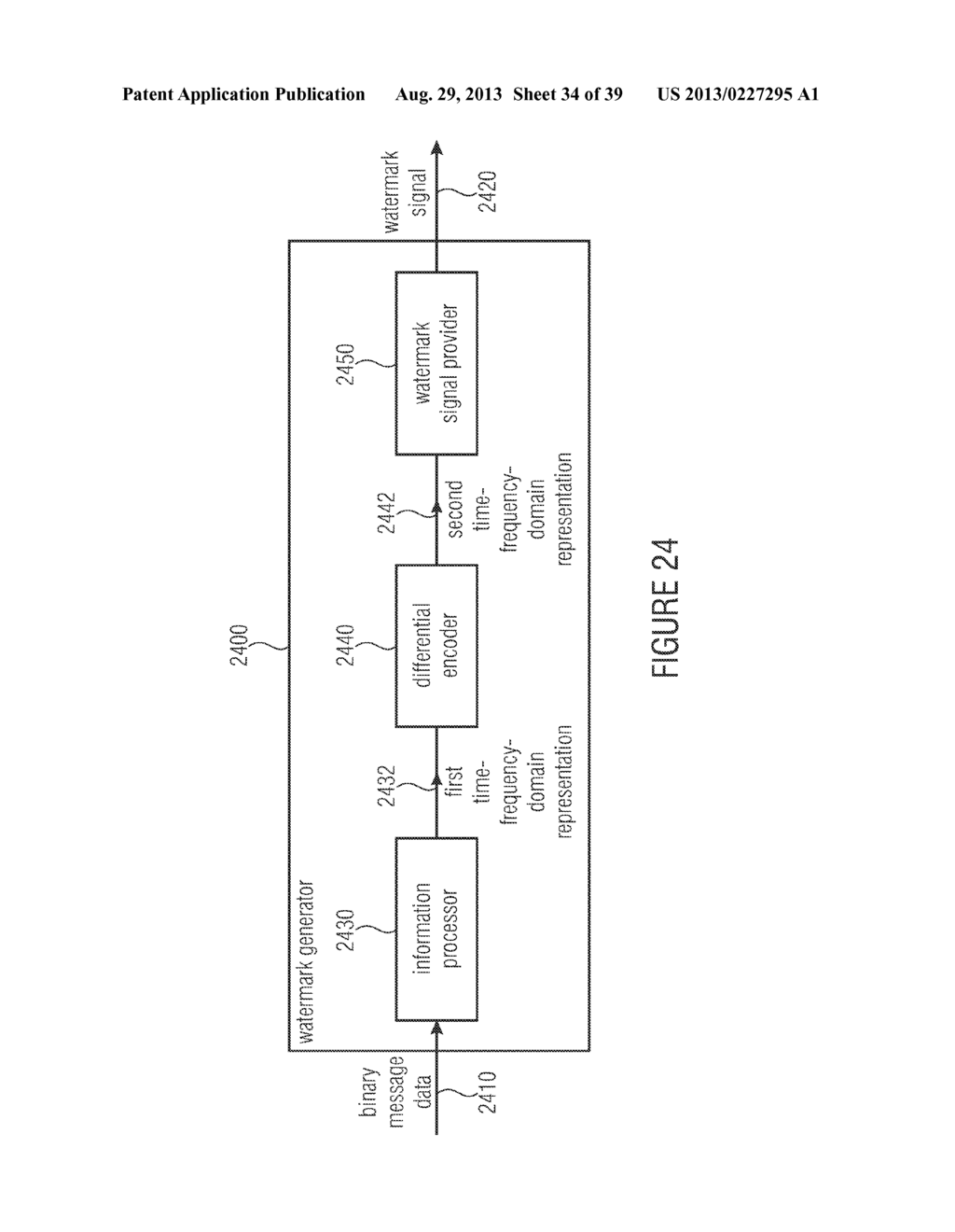 WATERMARK GENERATOR, WATERMARK DECODER, METHOD FOR PROVIDING A WATERMARK     SIGNAL IN DEPENDENCE ON BINARY MESSAGE DATA, METHOD FOR PROVIDING BINARY     MESSAGE DATA IN DEPENDENCE ON A WATERMARKED SIGNAL AND COMPUTER PROGRAM     USING A DIFFERENTIAL ENCODING - diagram, schematic, and image 35