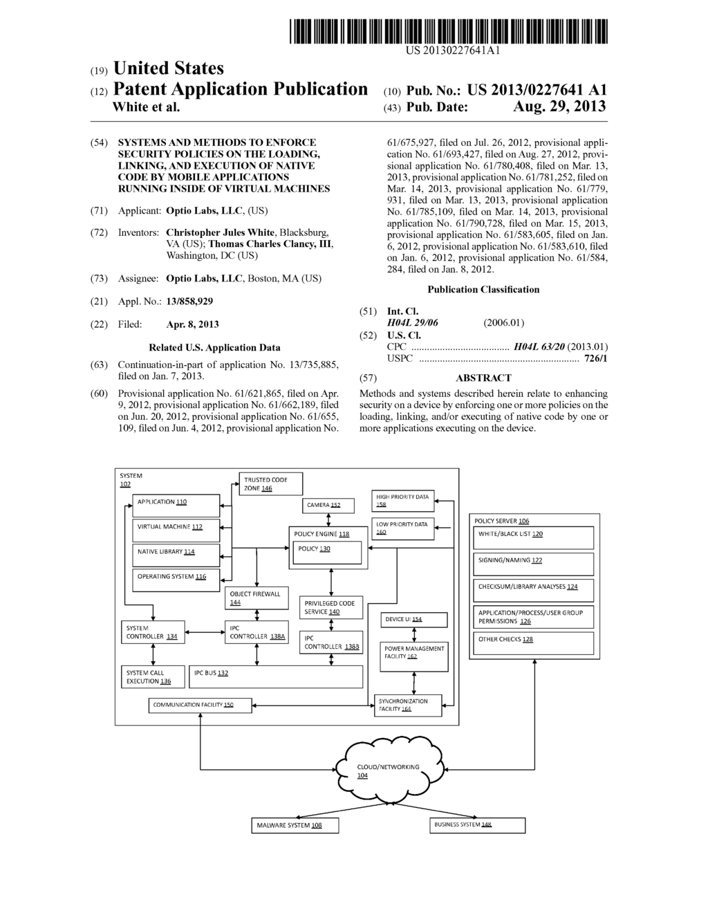 SYSTEMS AND METHODS TO ENFORCE SECURITY POLICIES ON THE LOADING, LINKING,     AND EXECUTION OF NATIVE CODE BY MOBILE APPLICATIONS RUNNING INSIDE OF     VIRTUAL MACHINES - diagram, schematic, and image 01