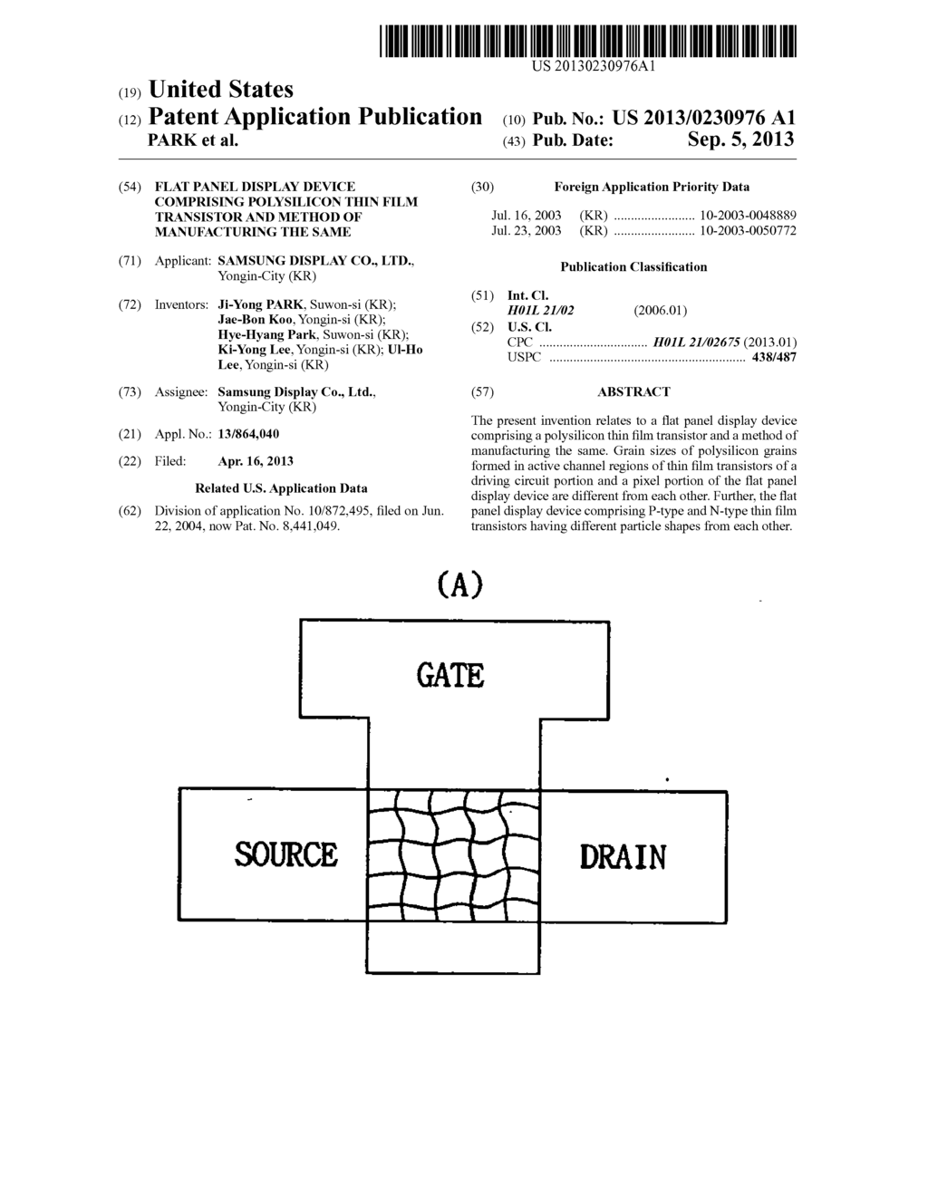 FLAT PANEL DISPLAY DEVICE COMPRISING POLYSILICON THIN FILM TRANSISTOR AND     METHOD OF MANUFACTURING THE SAME - diagram, schematic, and image 01