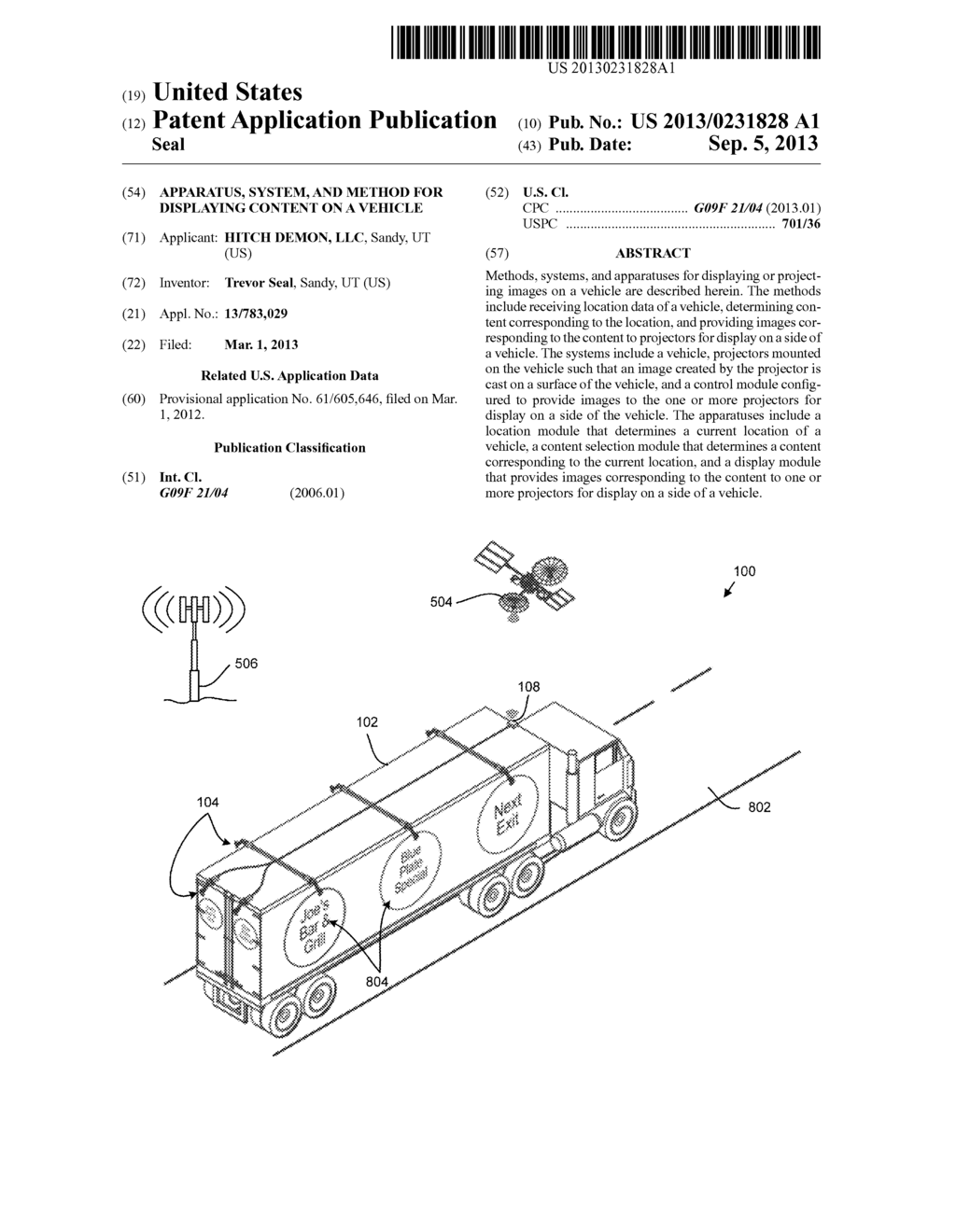 APPARATUS, SYSTEM, AND METHOD FOR DISPLAYING CONTENT ON A VEHICLE - diagram, schematic, and image 01