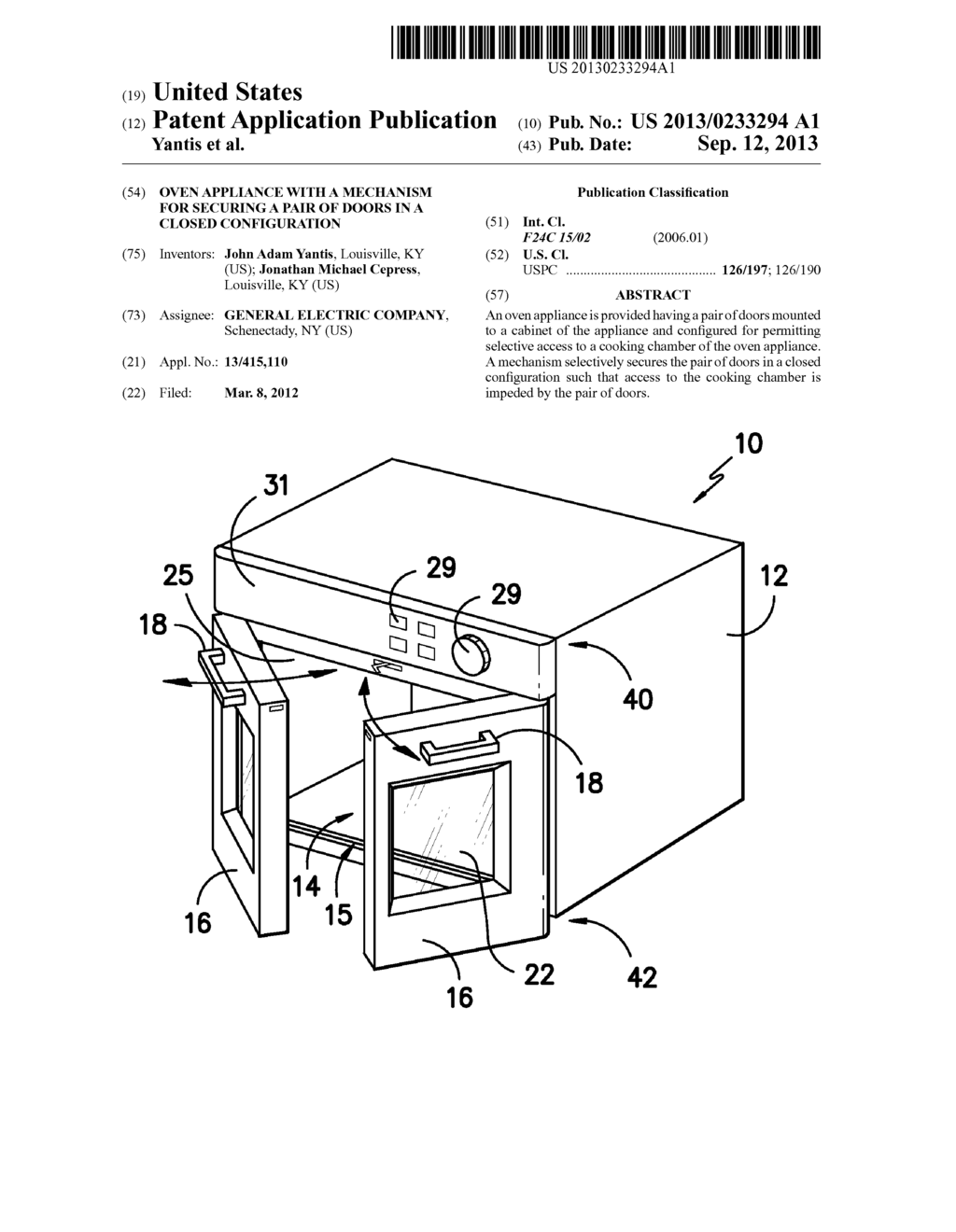 OVEN APPLIANCE WITH A MECHANISM FOR SECURING A PAIR OF DOORS IN A CLOSED     CONFIGURATION - diagram, schematic, and image 01