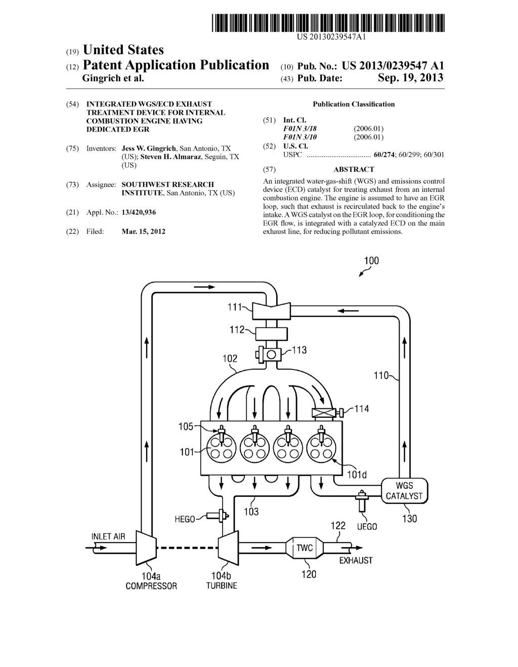 Integrated WGS/ECD Exhaust Treatment Device for Internal Combustion Engine     Having Dedicated EGR - diagram, schematic, and image 01