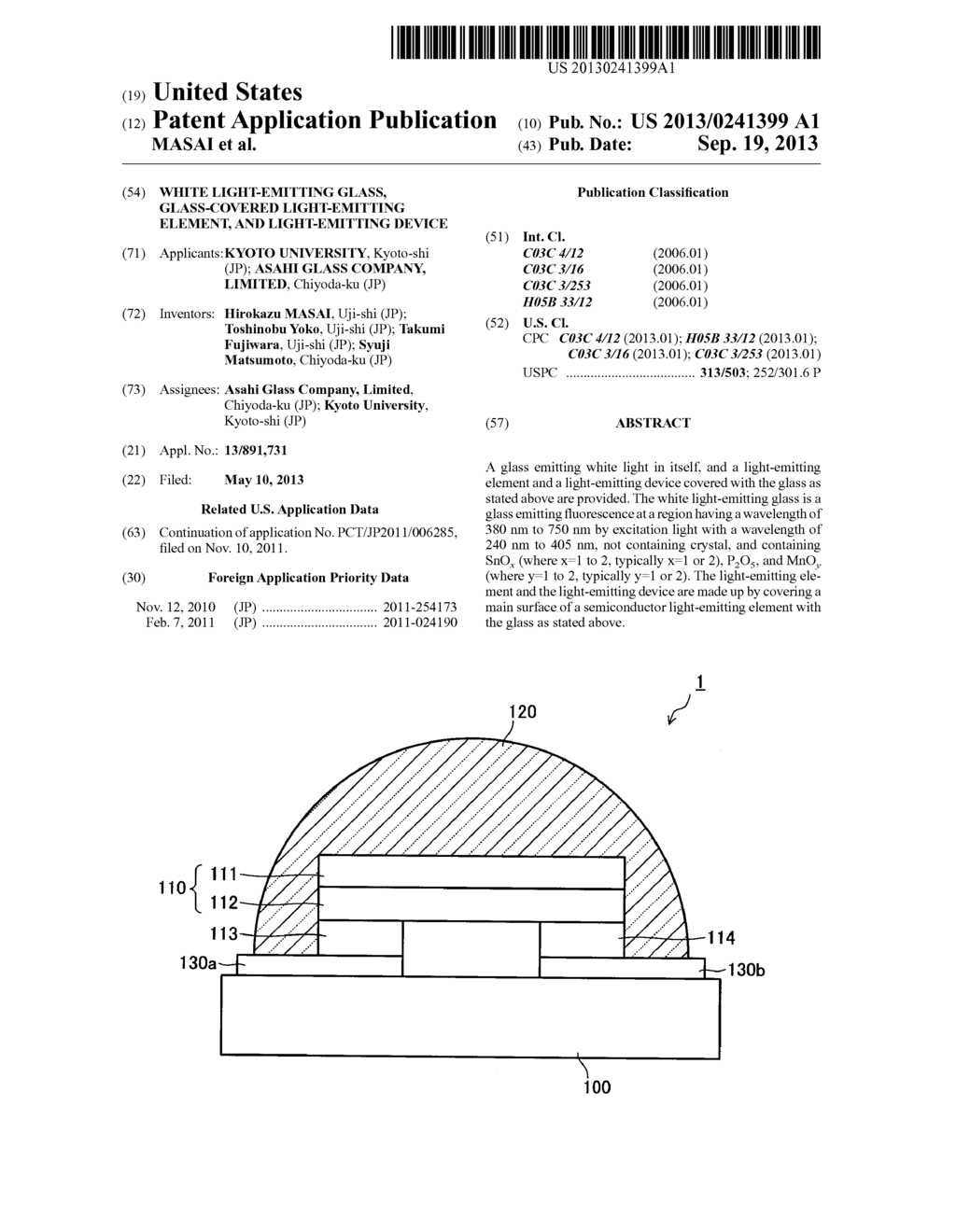 WHITE LIGHT-EMITTING GLASS, GLASS-COVERED LIGHT-EMITTING ELEMENT, AND     LIGHT-EMITTING DEVICE - diagram, schematic, and image 01