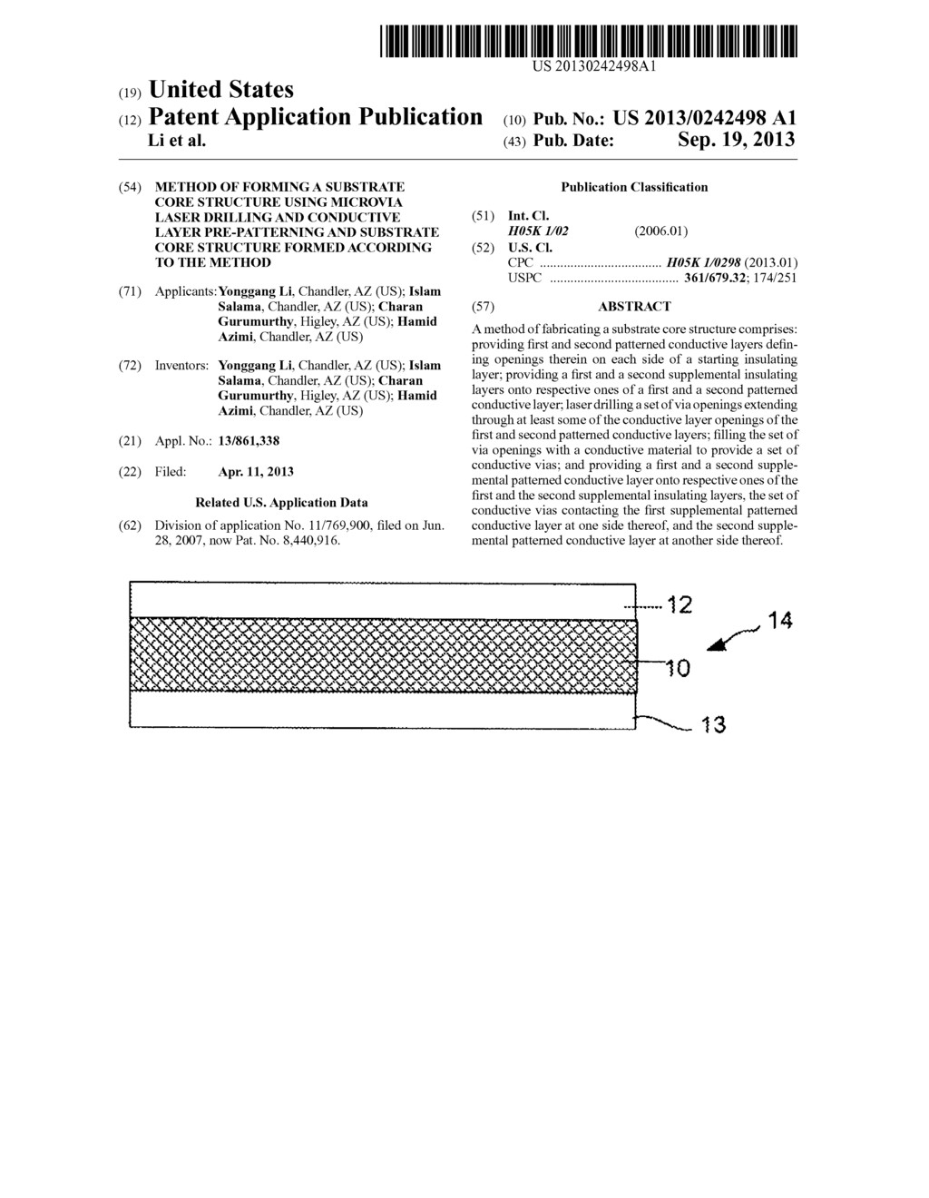 METHOD OF FORMING A SUBSTRATE CORE STRUCTURE USING MICROVIA LASER DRILLING     AND CONDUCTIVE LAYER PRE-PATTERNING AND SUBSTRATE CORE STRUCTURE FORMED     ACCORDING TO THE METHOD - diagram, schematic, and image 01