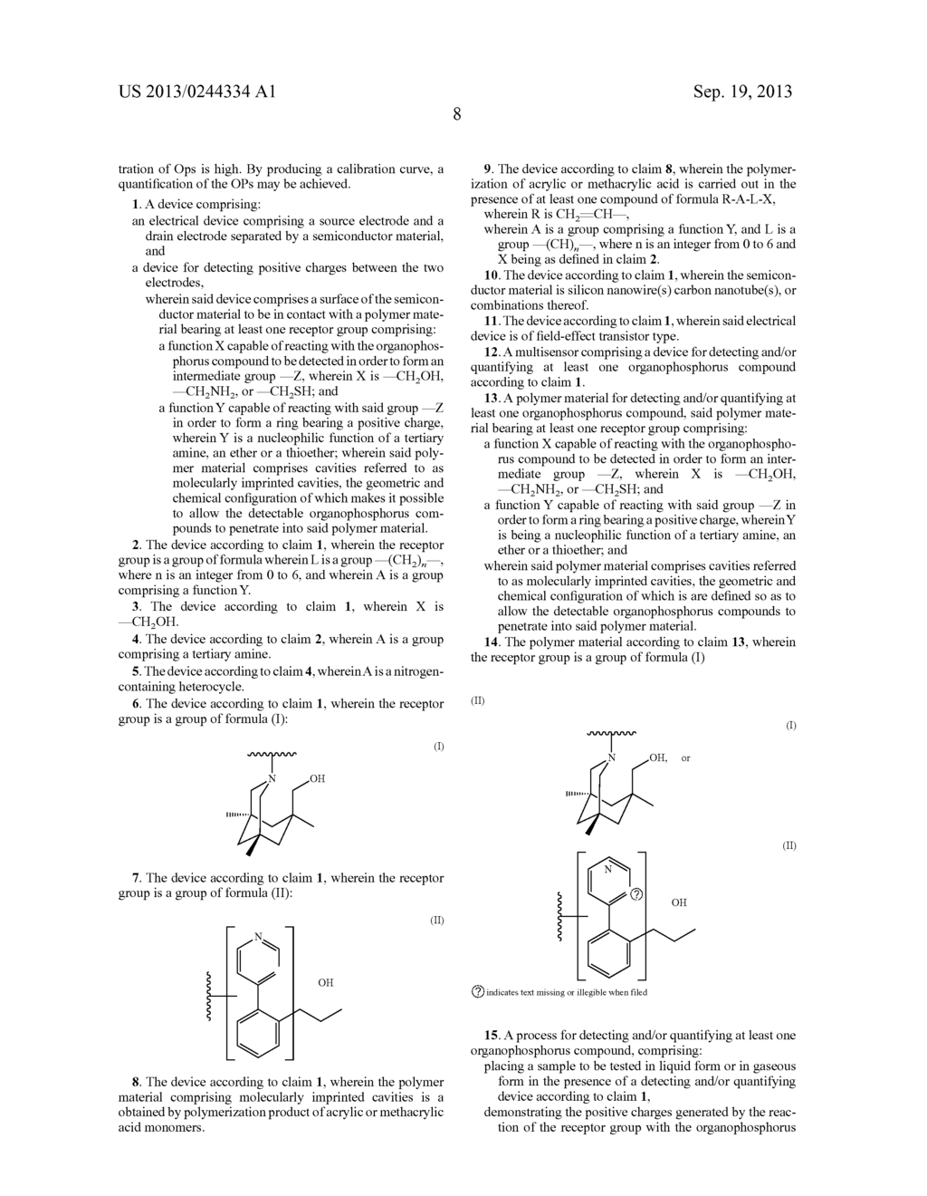 DEVICE FOR THE DETECTION AND/OR ELECTRICAL QUANTIFICATION OF     ORGANOPHOSPHORUS COMPOUNDS BY MEANS OF MOLECULAR IMPRINTING - diagram, schematic, and image 10