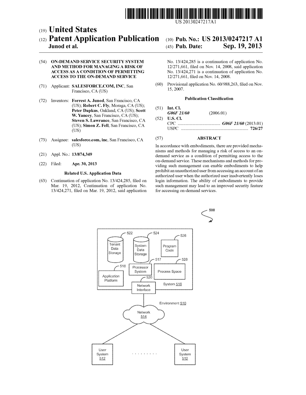 ON-DEMAND SERVICE SECURITY SYSTEM AND METHOD FOR MANAGING A RISK OF ACCESS     AS A CONDITION OF PERMITTING ACCESS TO THE ON-DEMAND SERVICE - diagram, schematic, and image 01