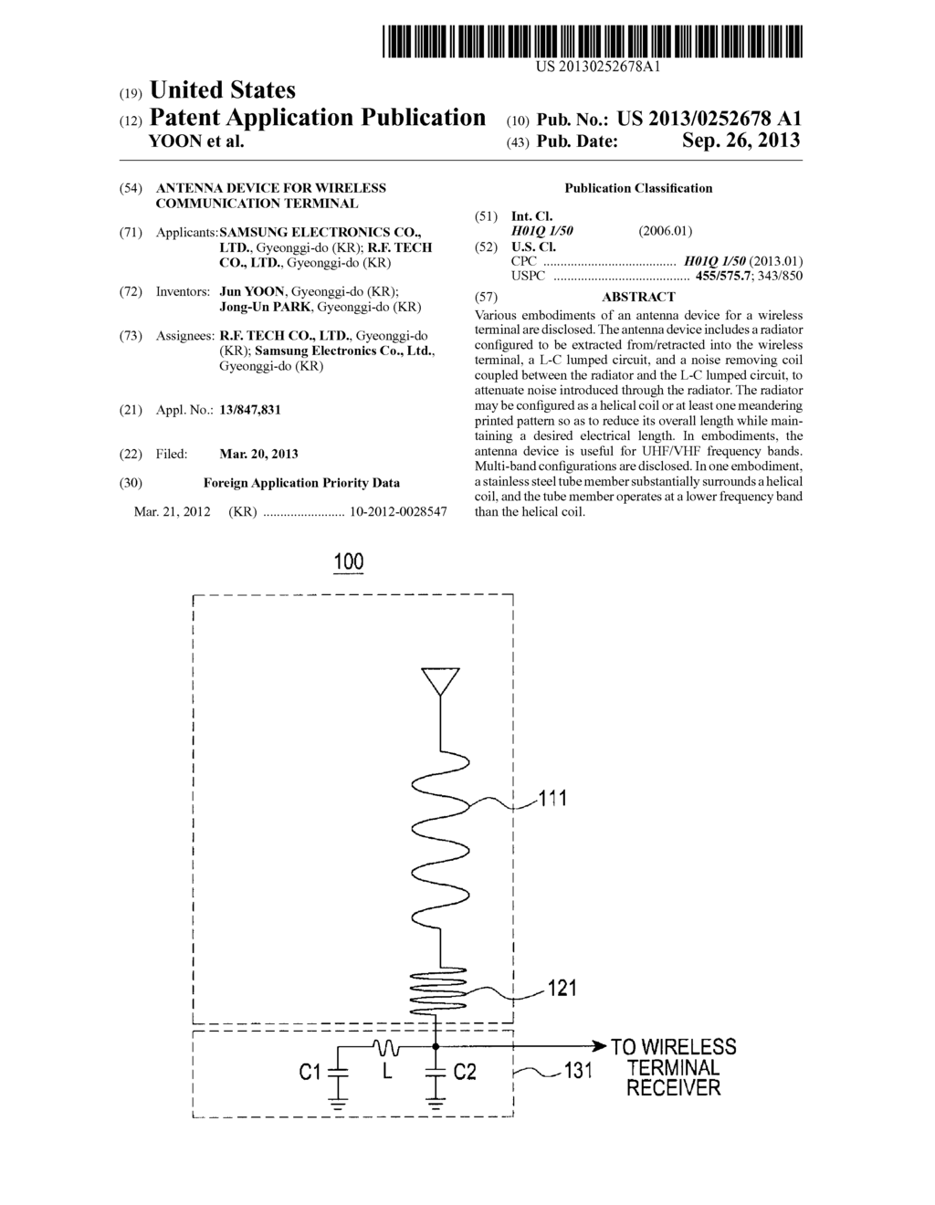 ANTENNA DEVICE FOR WIRELESS COMMUNICATION TERMINAL - diagram, schematic, and image 01