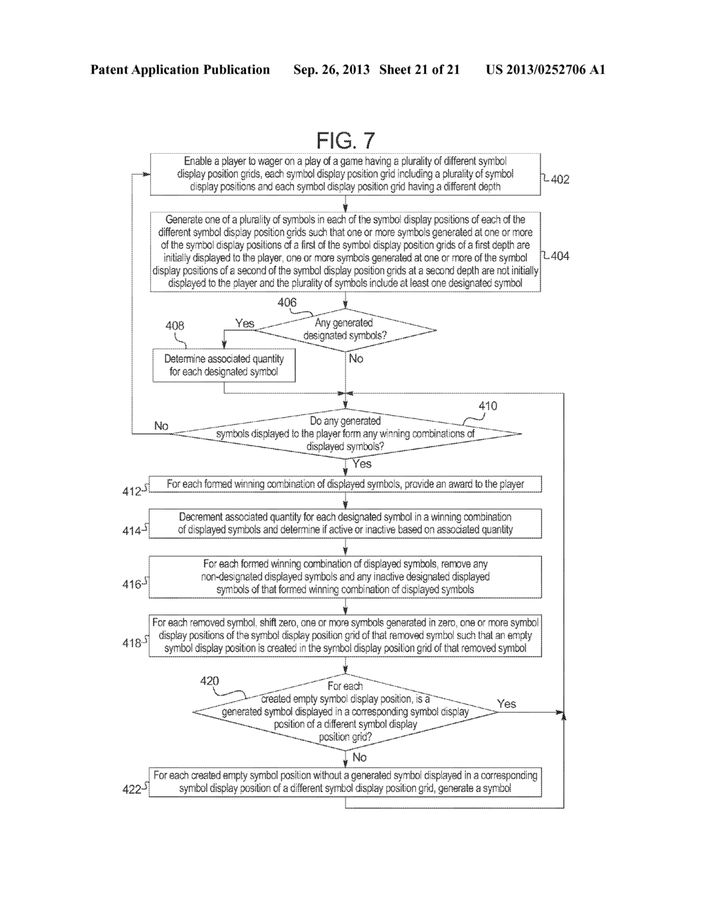 GAMING SYSTEM AND METHOD FOR PROVIDING A MULTIPLE DIMENSION CASCADING     SYMBOLS GAME - diagram, schematic, and image 22