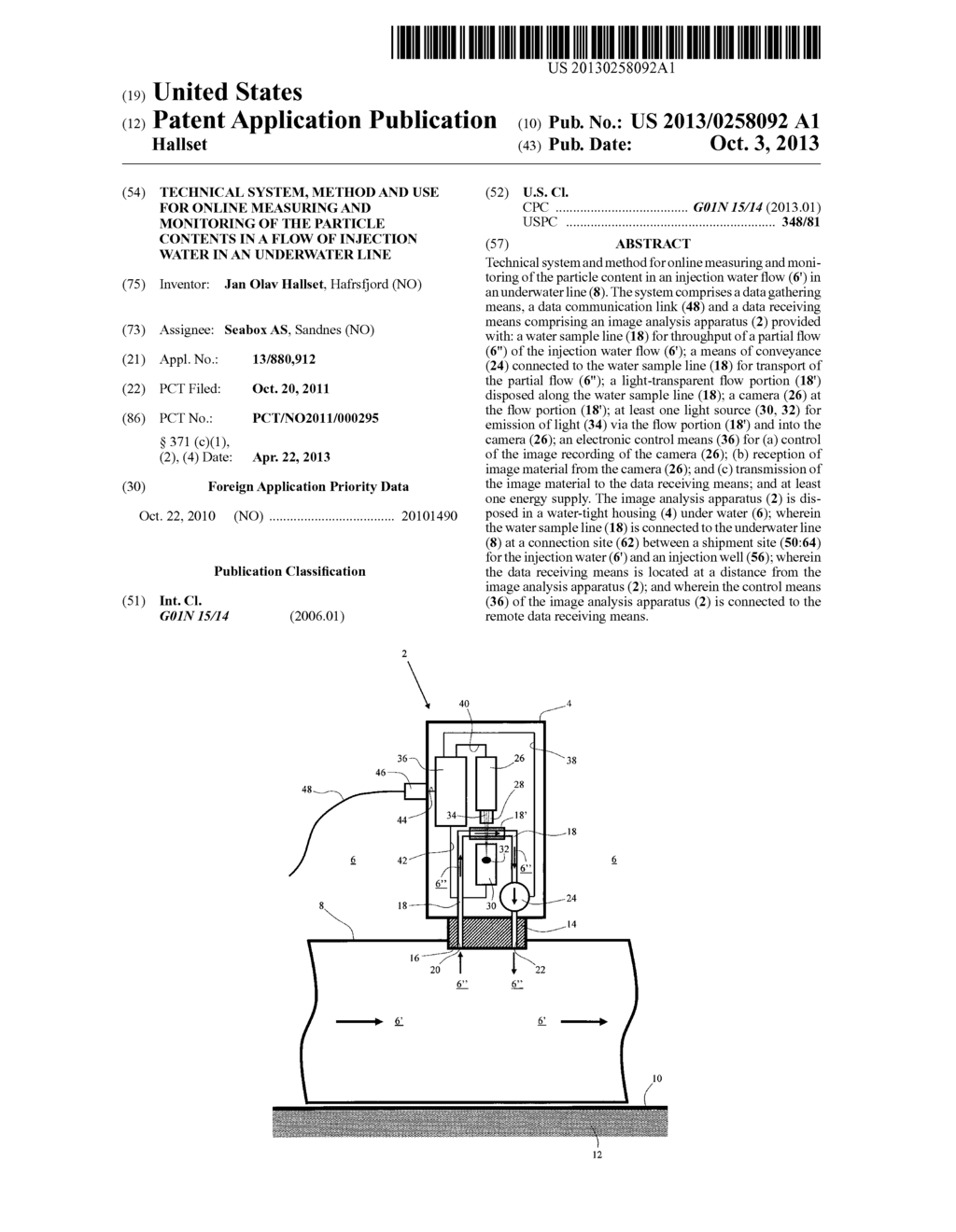 Technical System, Method and Use for Online Measuring and Monitoring of     the Particle Contents in a Flow of Injection Water in an Underwater Line - diagram, schematic, and image 01