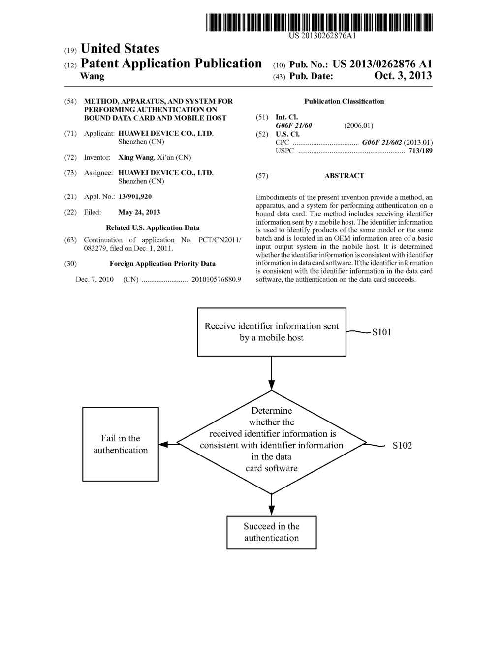 Method, Apparatus, and System for Performing Authentication on Bound Data     Card and Mobile Host - diagram, schematic, and image 01