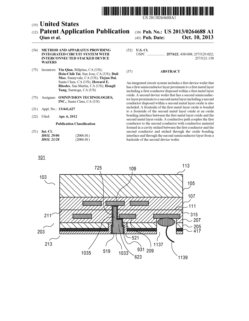 METHOD AND APPARATUS PROVIDING INTEGRATED CIRCUIT SYSTEM WITH     INTERCONNECTED STACKED DEVICE WAFERS - diagram, schematic, and image 01