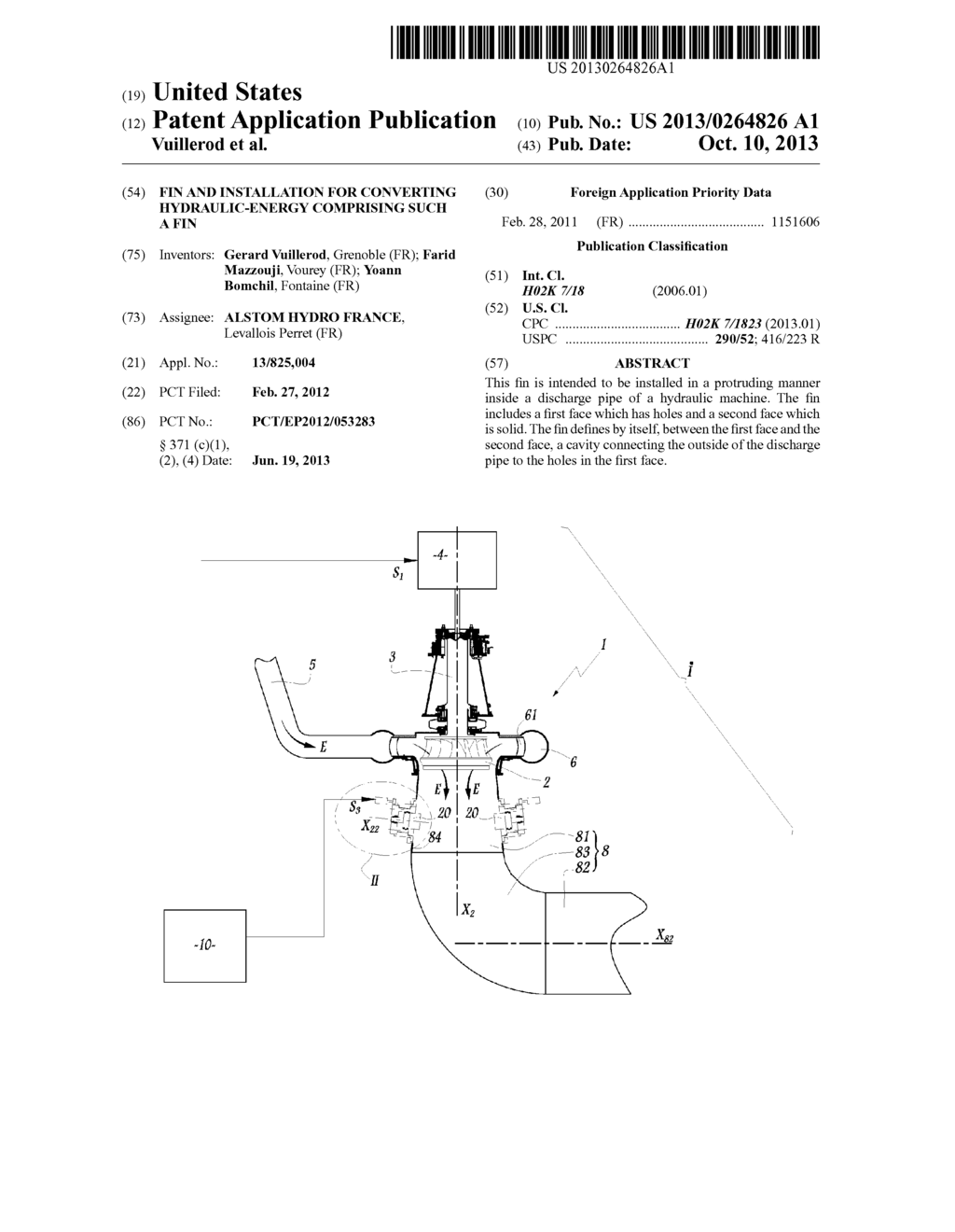 FIN AND INSTALLATION FOR CONVERTING HYDRAULIC-ENERGY COMPRISING SUCH A FIN - diagram, schematic, and image 01