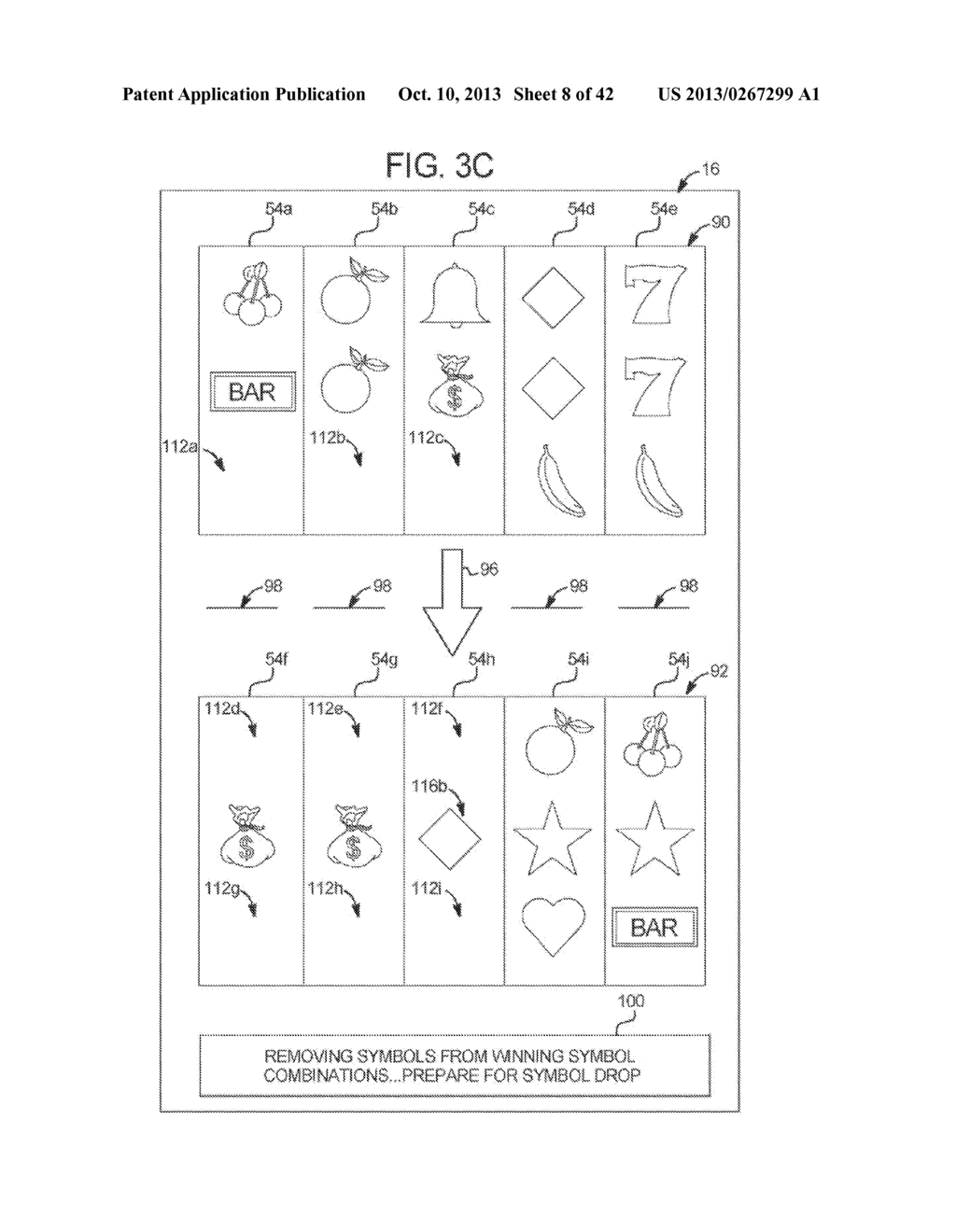 GAMING SYSTEM, GAMING DEVICE, AND GAMING METHOD FOR SHIFTING SYMBOLS FROM     A STAGING AREA TO A SYMBOL MATRIX - diagram, schematic, and image 09