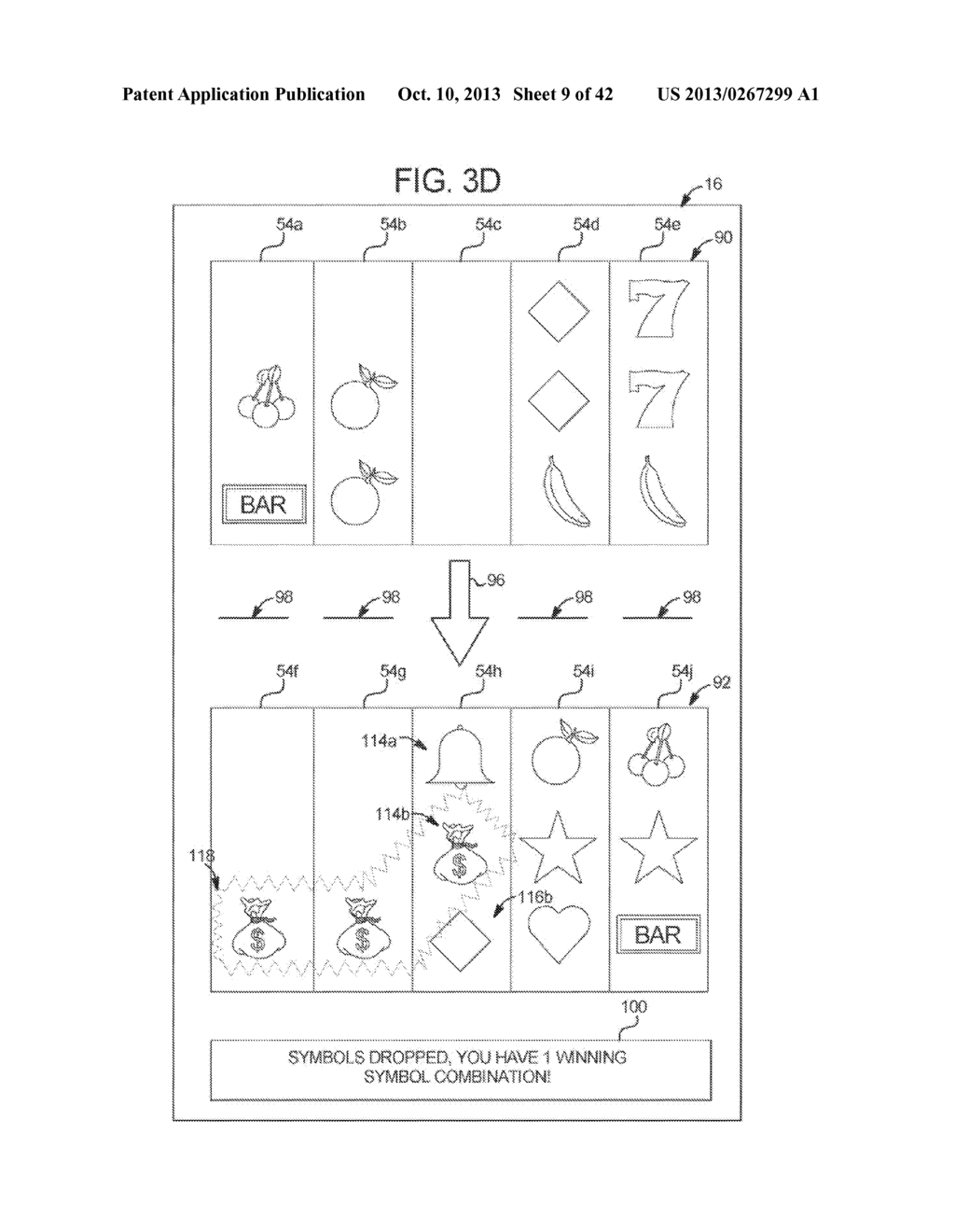 GAMING SYSTEM, GAMING DEVICE, AND GAMING METHOD FOR SHIFTING SYMBOLS FROM     A STAGING AREA TO A SYMBOL MATRIX - diagram, schematic, and image 10