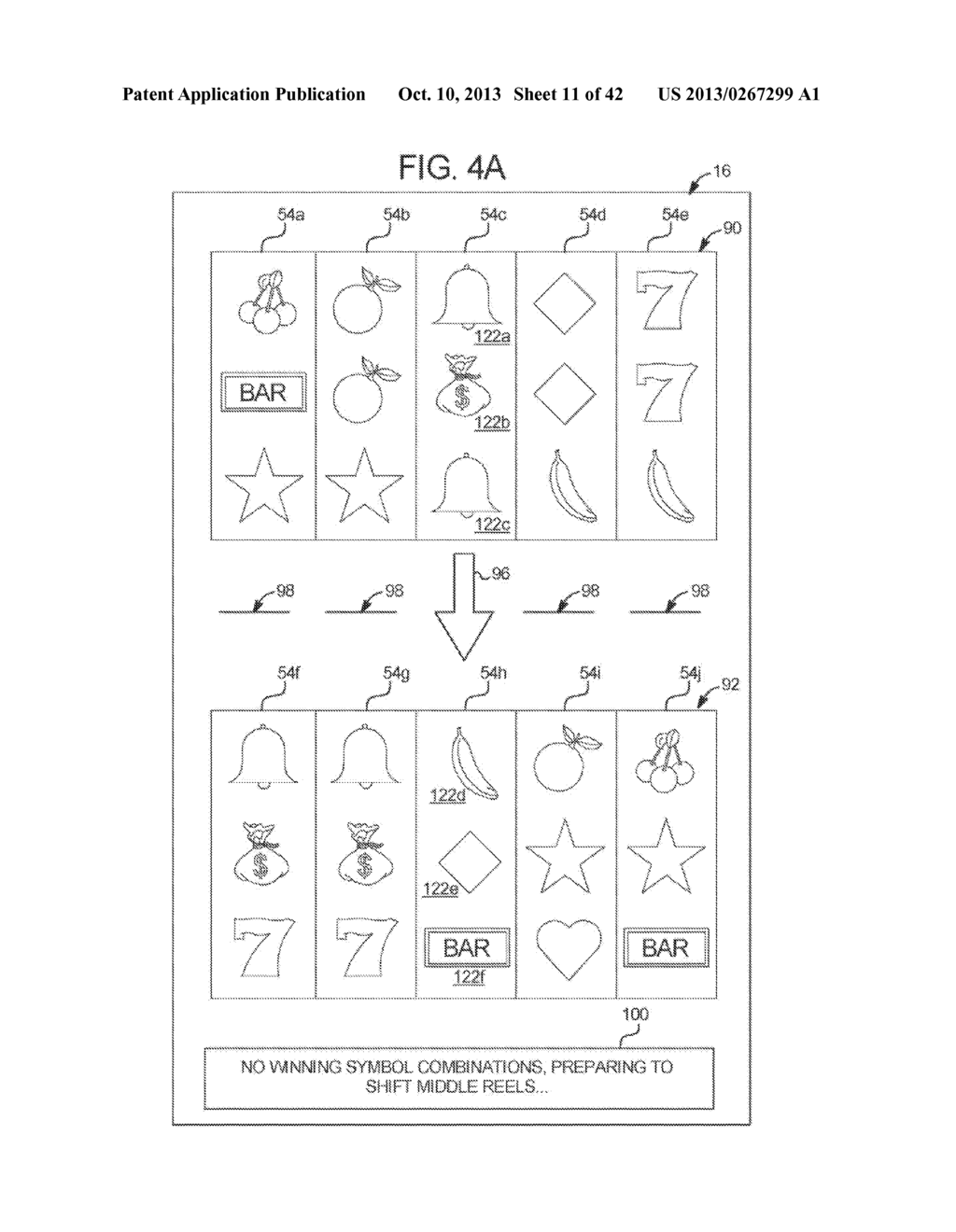 GAMING SYSTEM, GAMING DEVICE, AND GAMING METHOD FOR SHIFTING SYMBOLS FROM     A STAGING AREA TO A SYMBOL MATRIX - diagram, schematic, and image 12