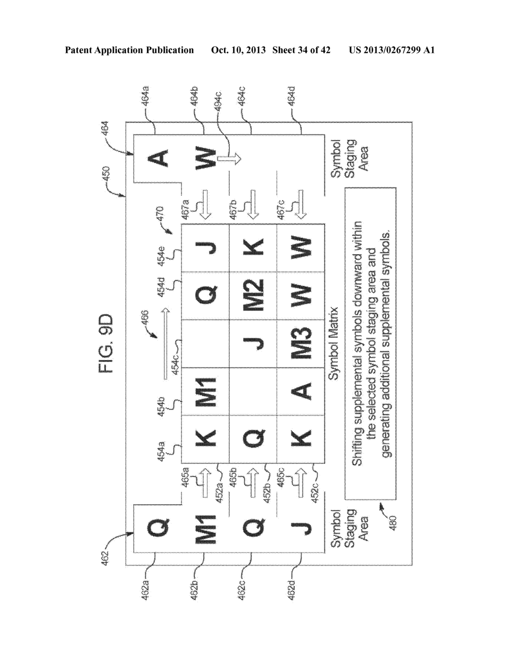 GAMING SYSTEM, GAMING DEVICE, AND GAMING METHOD FOR SHIFTING SYMBOLS FROM     A STAGING AREA TO A SYMBOL MATRIX - diagram, schematic, and image 35