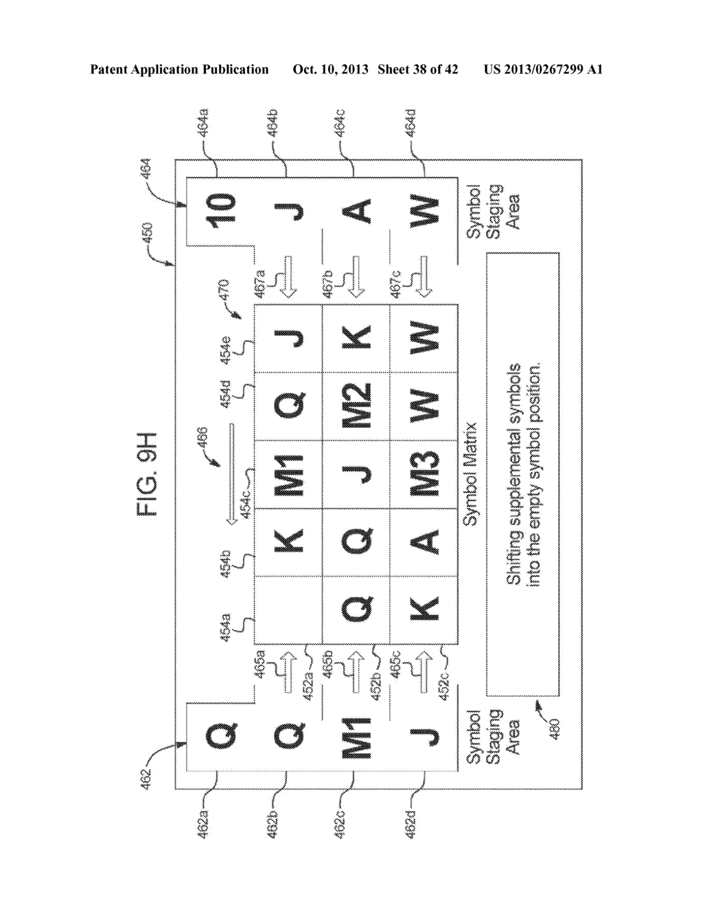 GAMING SYSTEM, GAMING DEVICE, AND GAMING METHOD FOR SHIFTING SYMBOLS FROM     A STAGING AREA TO A SYMBOL MATRIX - diagram, schematic, and image 39