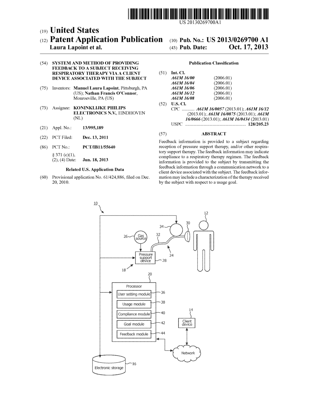 SYSTEM AND METHOD OF PROVIDING FEEDBACK TO A SUBJECT RECEIVING RESPIRATORY     THERAPY VIA  A CLIENT DEVICE ASSOCIATED WITH THE SUBJECT - diagram, schematic, and image 01