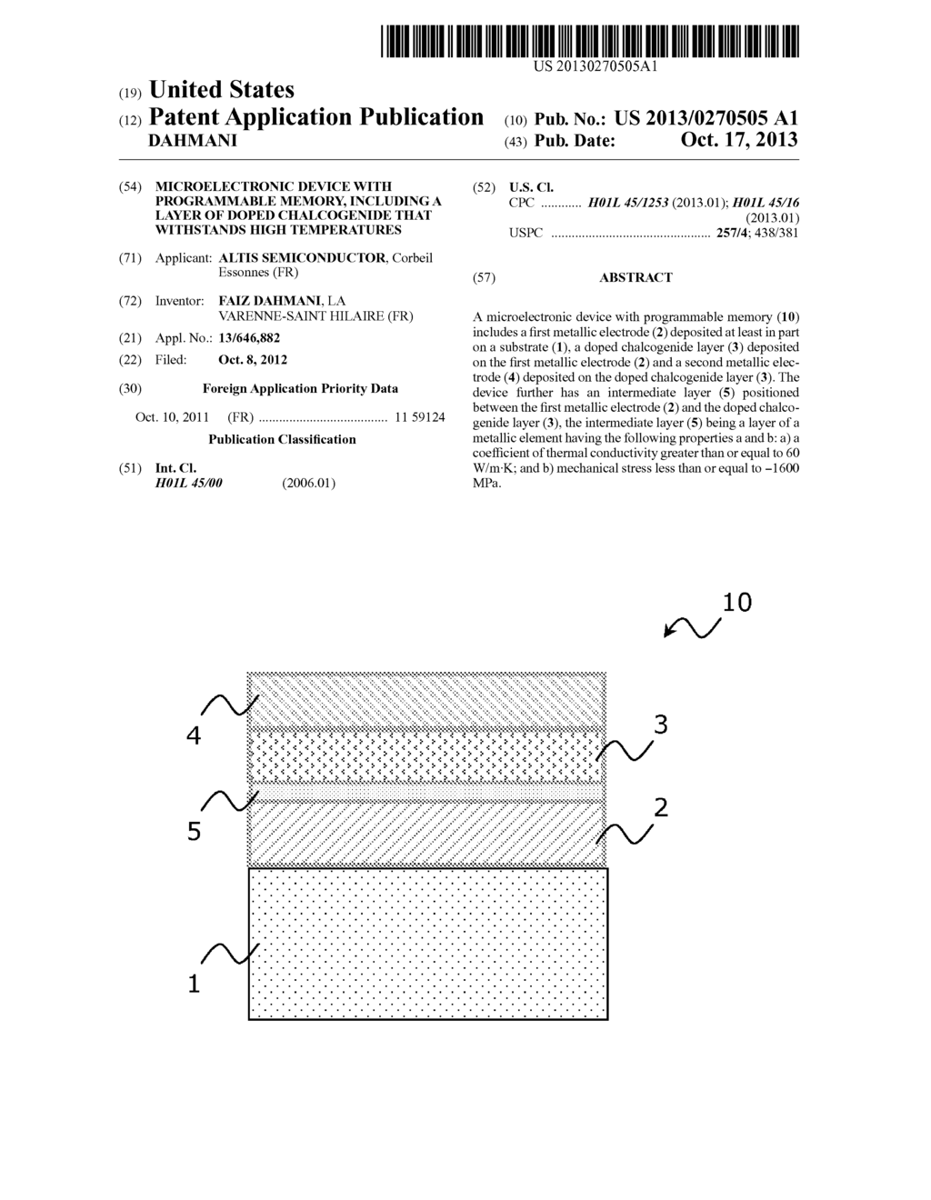 MICROELECTRONIC DEVICE WITH PROGRAMMABLE MEMORY, INCLUDING A LAYER OF     DOPED CHALCOGENIDE THAT WITHSTANDS HIGH TEMPERATURES - diagram, schematic, and image 01