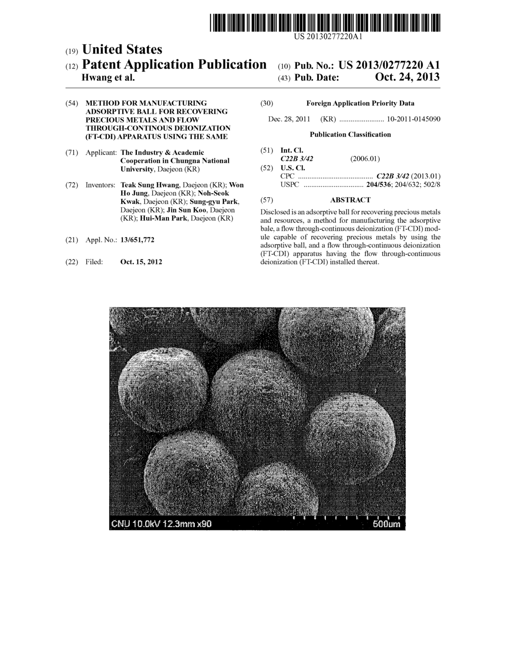 Method for Manufacturing Adsorptive Ball for Recovering Precious Metals     and Flow Through-Continous Deionization (FT-CDI) Apparatus Using the Same - diagram, schematic, and image 01