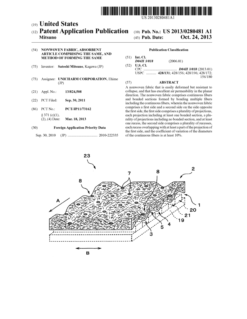 NONWOVEN FABRIC, ABSORBENT ARTICLE COMPRISING THE SAME, AND METHOD OF     FORMING THE SAME - diagram, schematic, and image 01