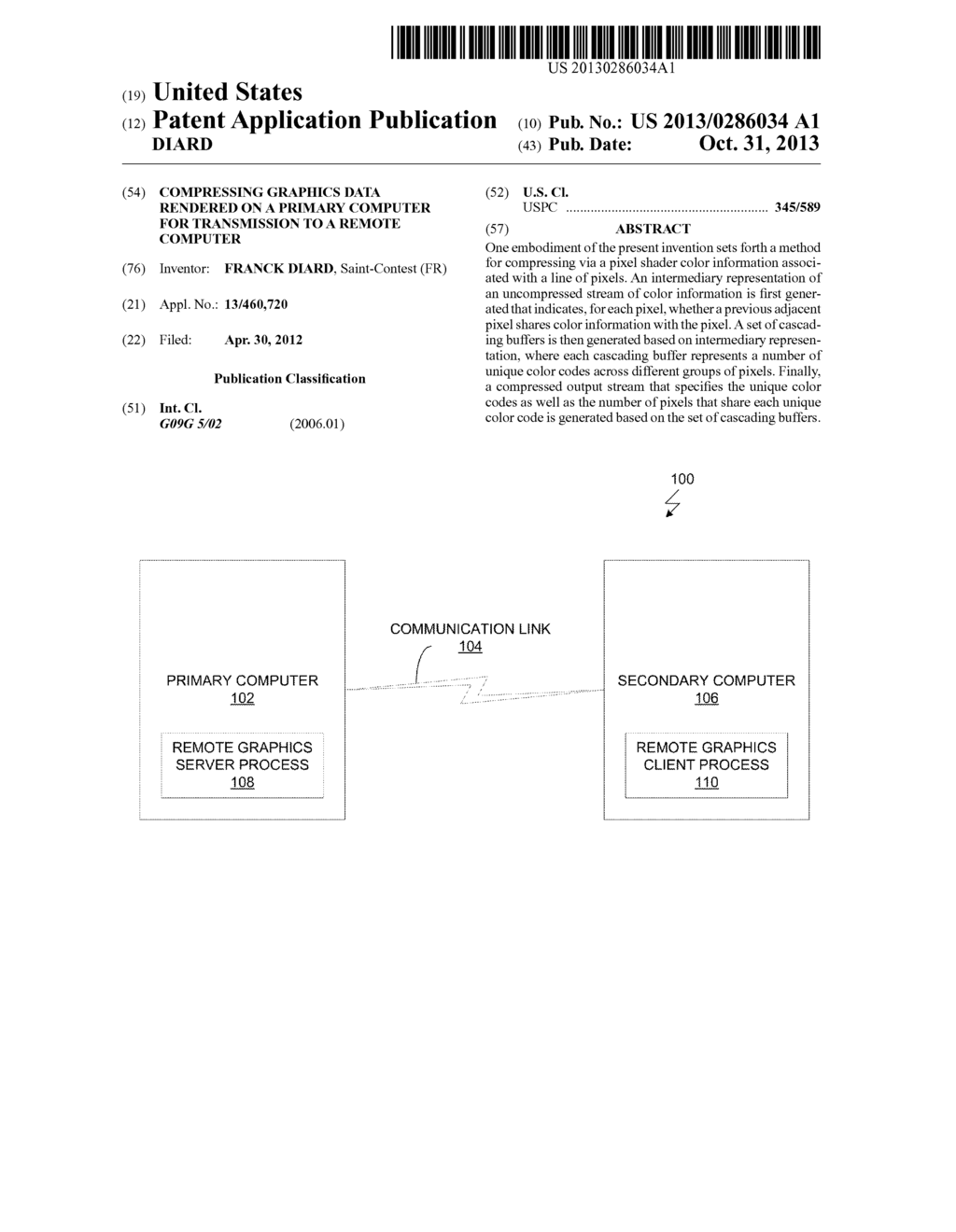 COMPRESSING GRAPHICS DATA RENDERED ON A PRIMARY COMPUTER FOR TRANSMISSION     TO A REMOTE COMPUTER - diagram, schematic, and image 01