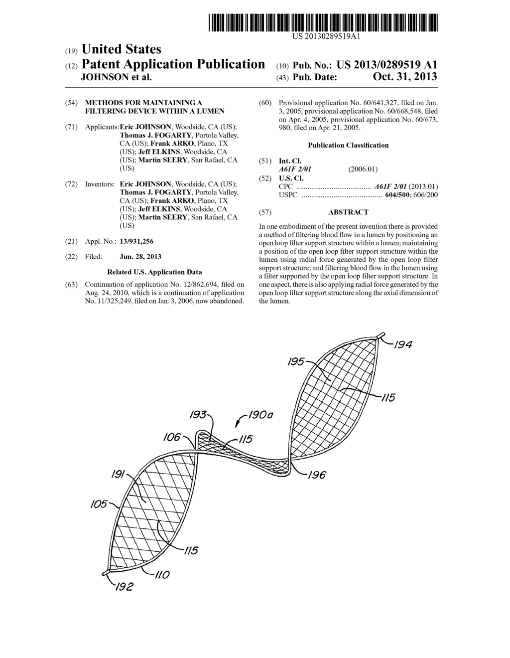 METHODS FOR MAINTAINING A FILTERING DEVICE WITHIN A LUMEN - diagram, schematic, and image 01