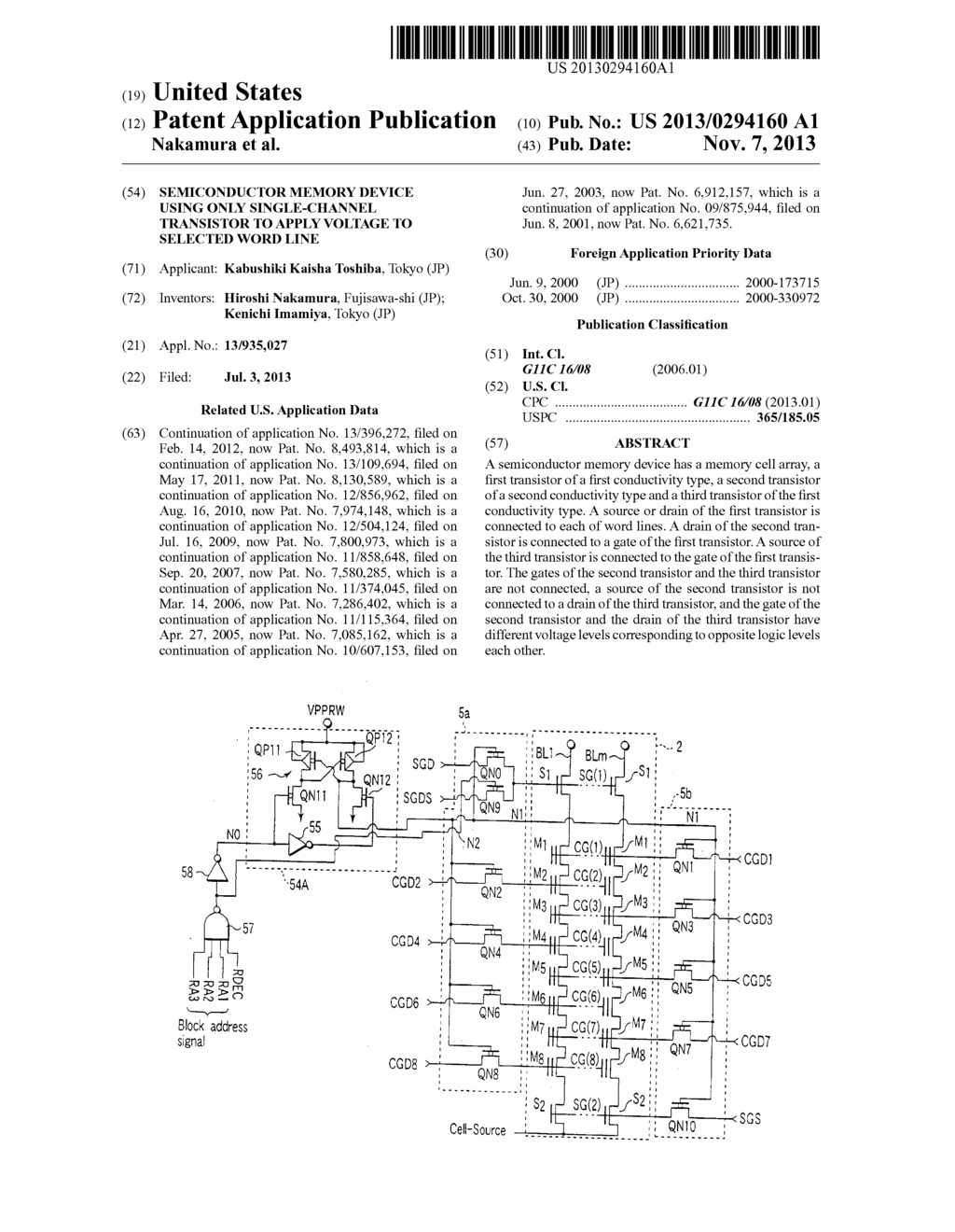 SEMICONDUCTOR MEMORY DEVICE USING ONLY SINGLE-CHANNEL TRANSISTOR TO APPLY     VOLTAGE TO SELECTED WORD LINE - diagram, schematic, and image 01