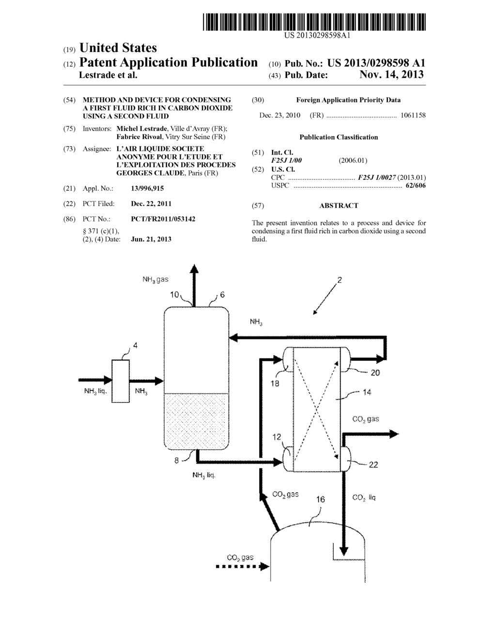 METHOD AND DEVICE FOR CONDENSING A FIRST FLUID RICH IN CARBON DIOXIDE     USING A SECOND FLUID - diagram, schematic, and image 01