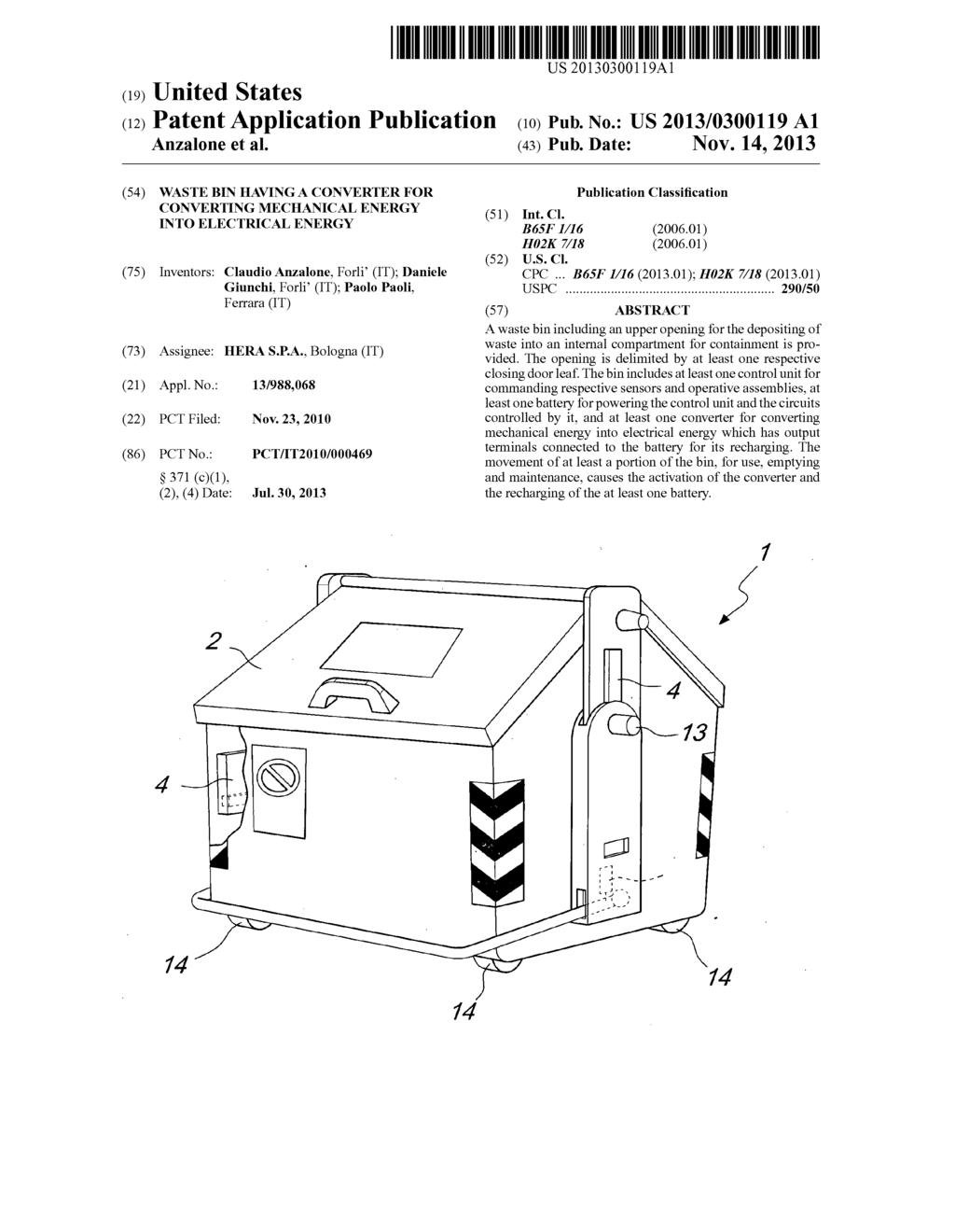 WASTE BIN HAVING A CONVERTER FOR CONVERTING MECHANICAL ENERGY INTO     ELECTRICAL ENERGY - diagram, schematic, and image 01