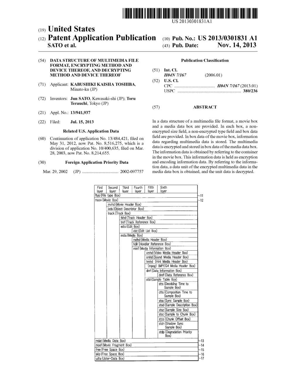 DATA STRUCTURE OF MULTIMEDIA FILE FORMAT, ENCRYPTING METHOD AND DEVICE     THEREOF, AND DECRYPTING METHOD AND DEVICE THEREOF - diagram, schematic, and image 01