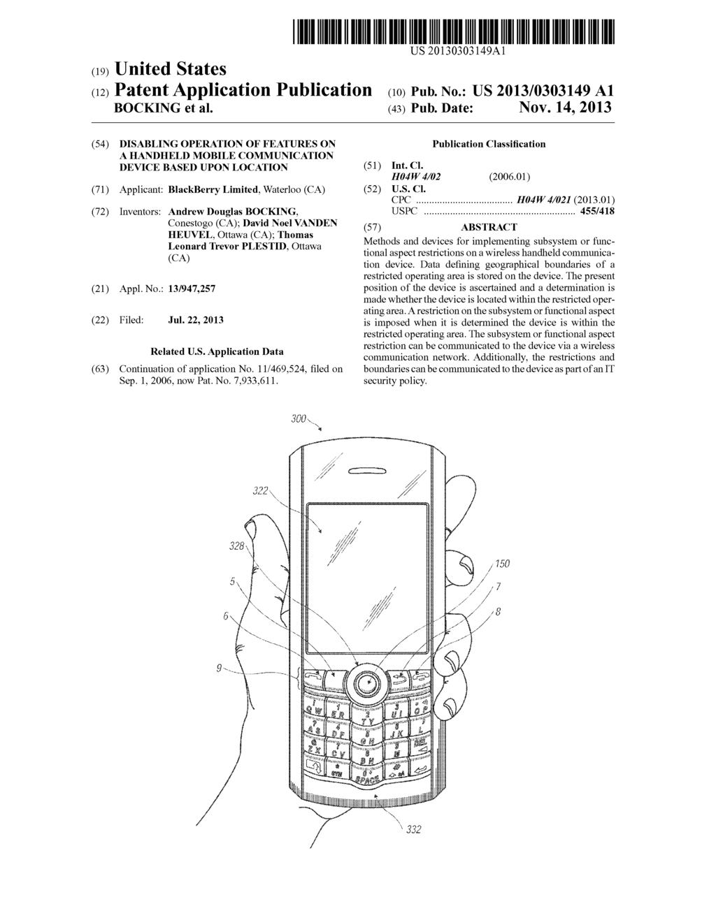 Disabling Operation Of Features On A Handheld Mobile Communication Device     Based Upon Location - diagram, schematic, and image 01