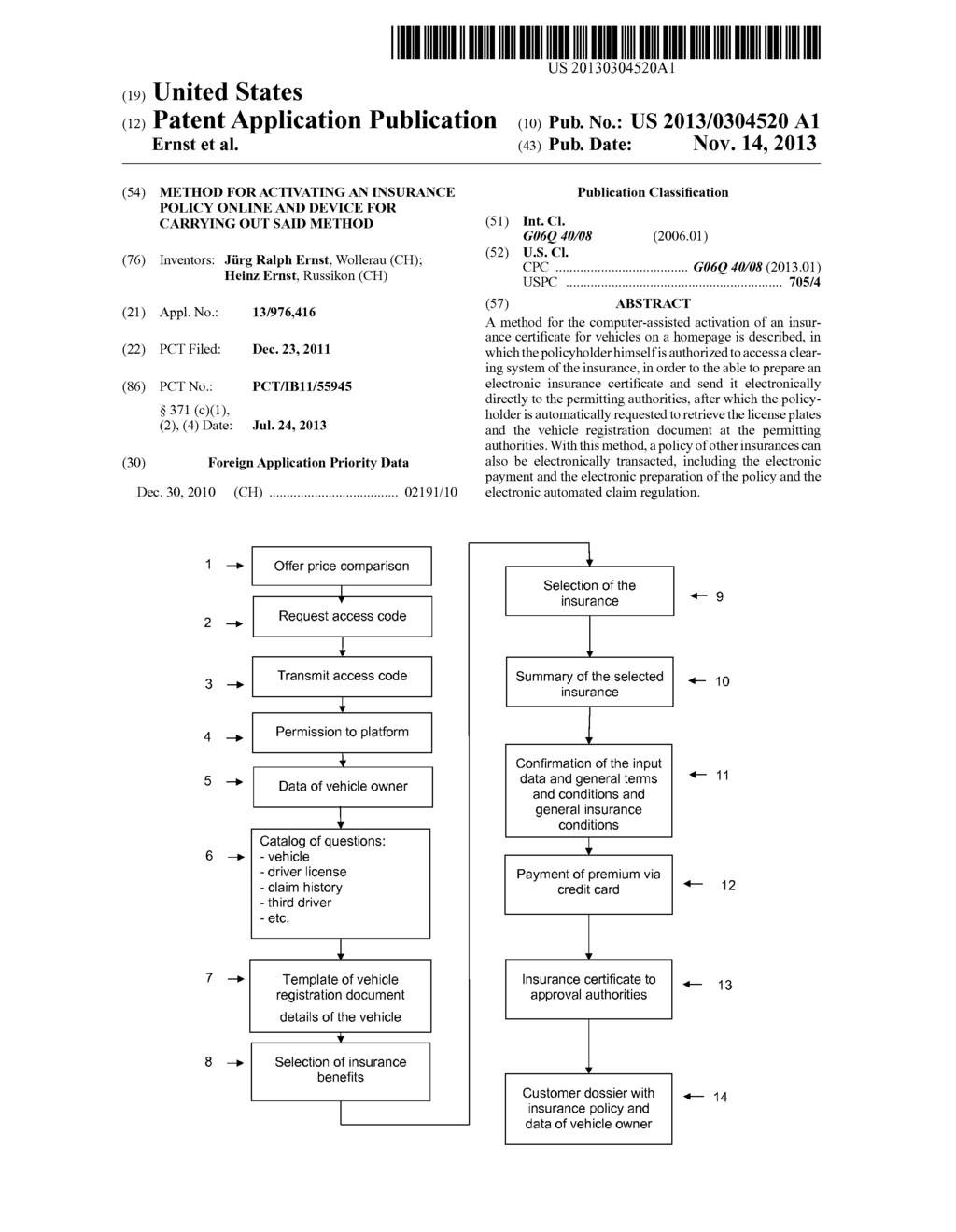 METHOD FOR ACTIVATING AN INSURANCE POLICY ONLINE AND DEVICE FOR CARRYING     OUT SAID METHOD - diagram, schematic, and image 01