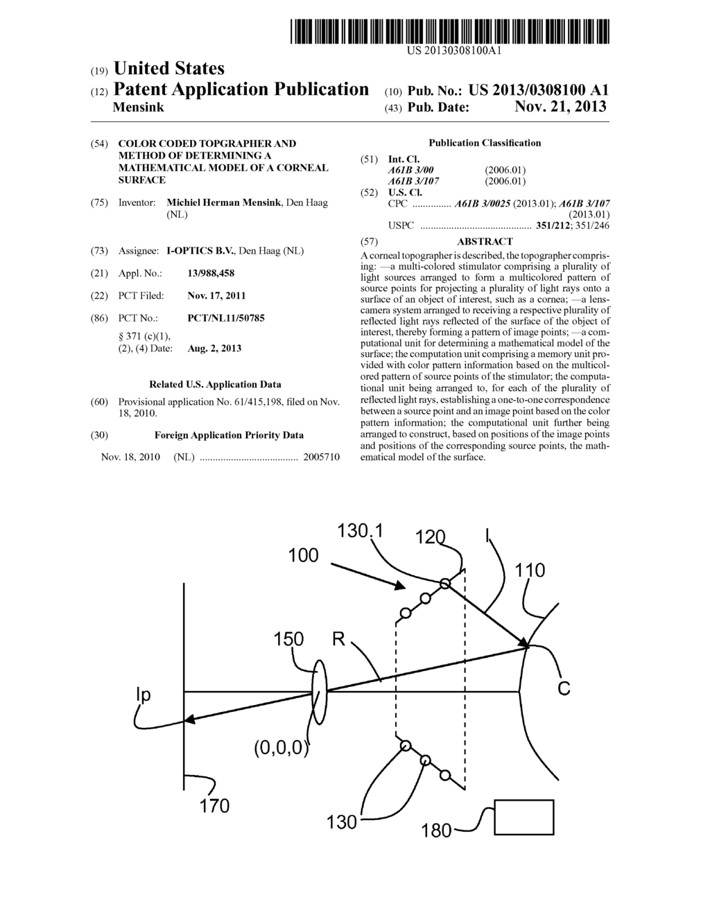 COLOR CODED TOPGRAPHER AND METHOD OF DETERMINING A MATHEMATICAL MODEL OF A     CORNEAL SURFACE - diagram, schematic, and image 01